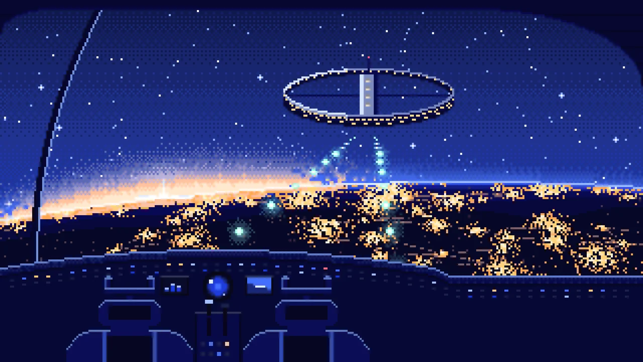 Royal Blue Pixel Art Spaceship Cockpit Approaching a Planet at Night desktop wallpaper in 4K