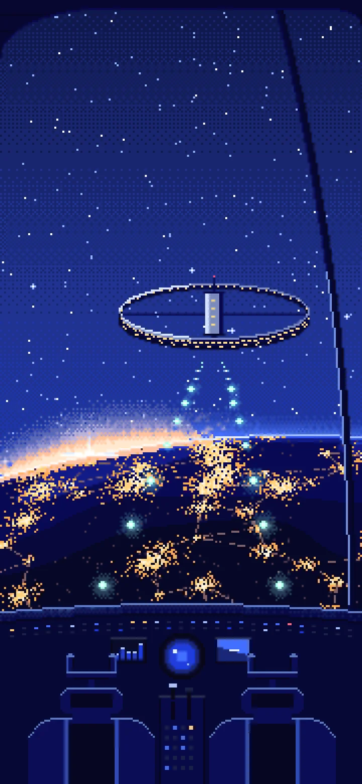 Royal Blue Pixel Art Spaceship Cockpit Approaching a Planet at Night wallpaper for iPhone and Android