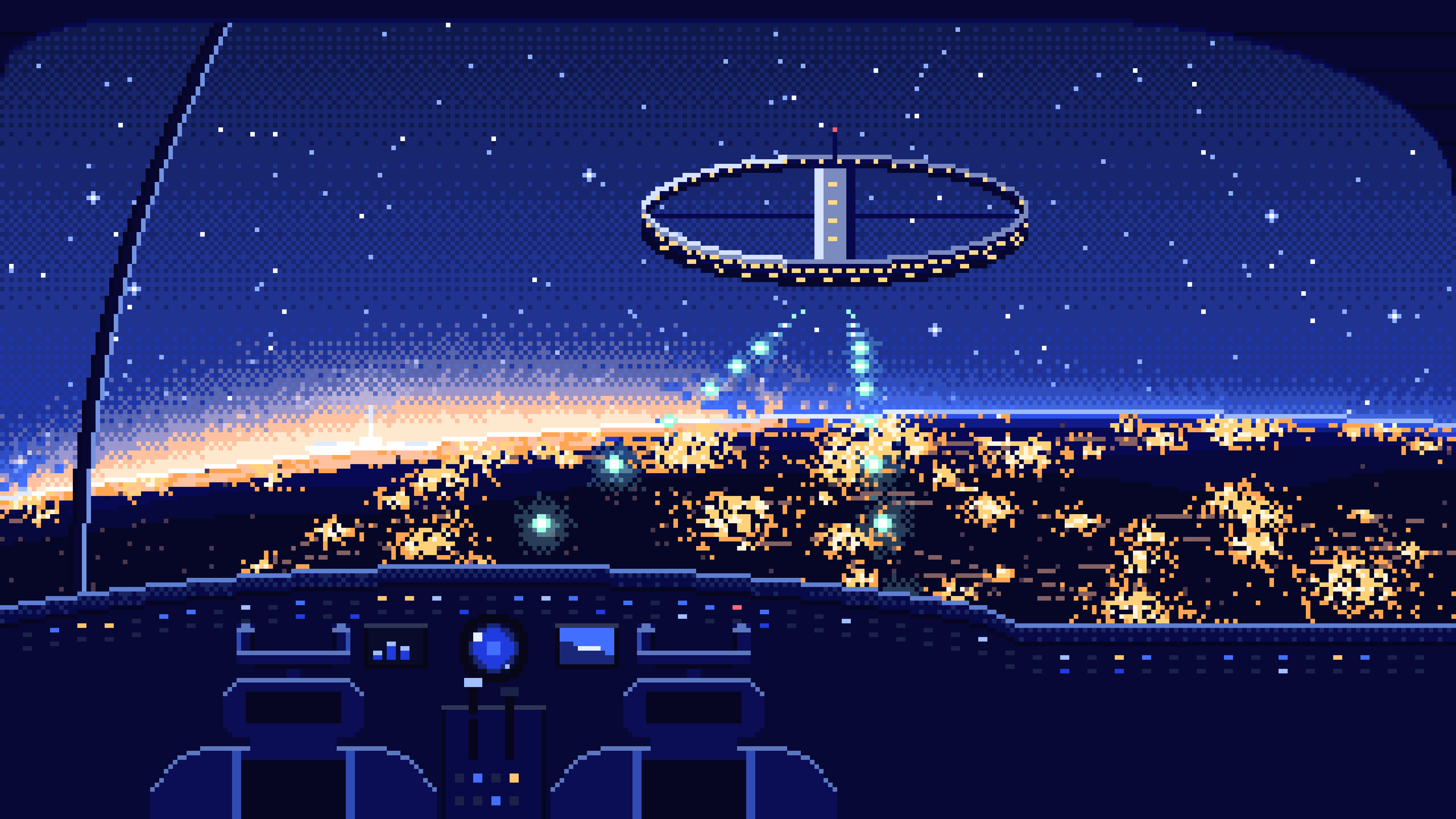 Royal Blue Pixel Art Spaceship Cockpit Approaching a Planet at Night desktop wallpaper in 4K