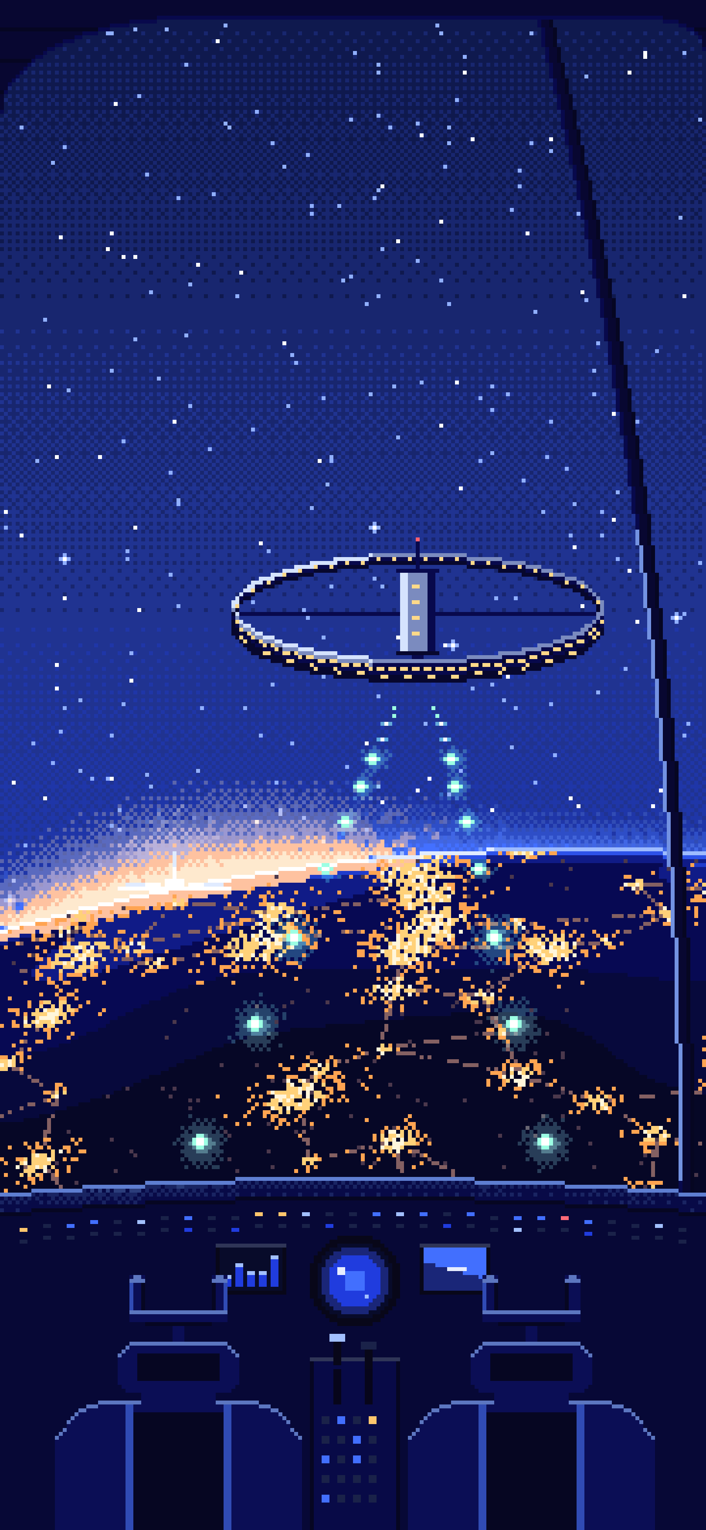 Royal Blue Pixel Art Spaceship Cockpit Approaching a Planet at Night wallpaper for iPhone and Android