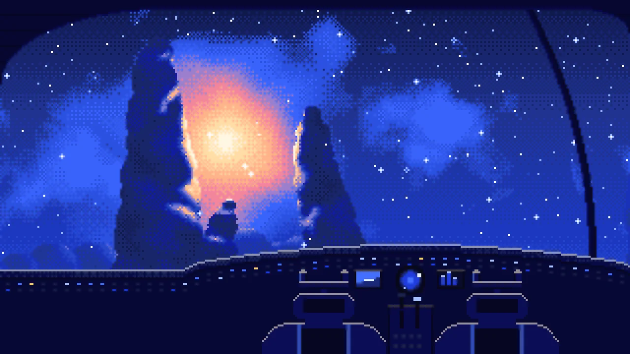Royal Blue Pixel Art Spaceship Cockpit Flying Toward a Nebula desktop wallpaper in 4K
