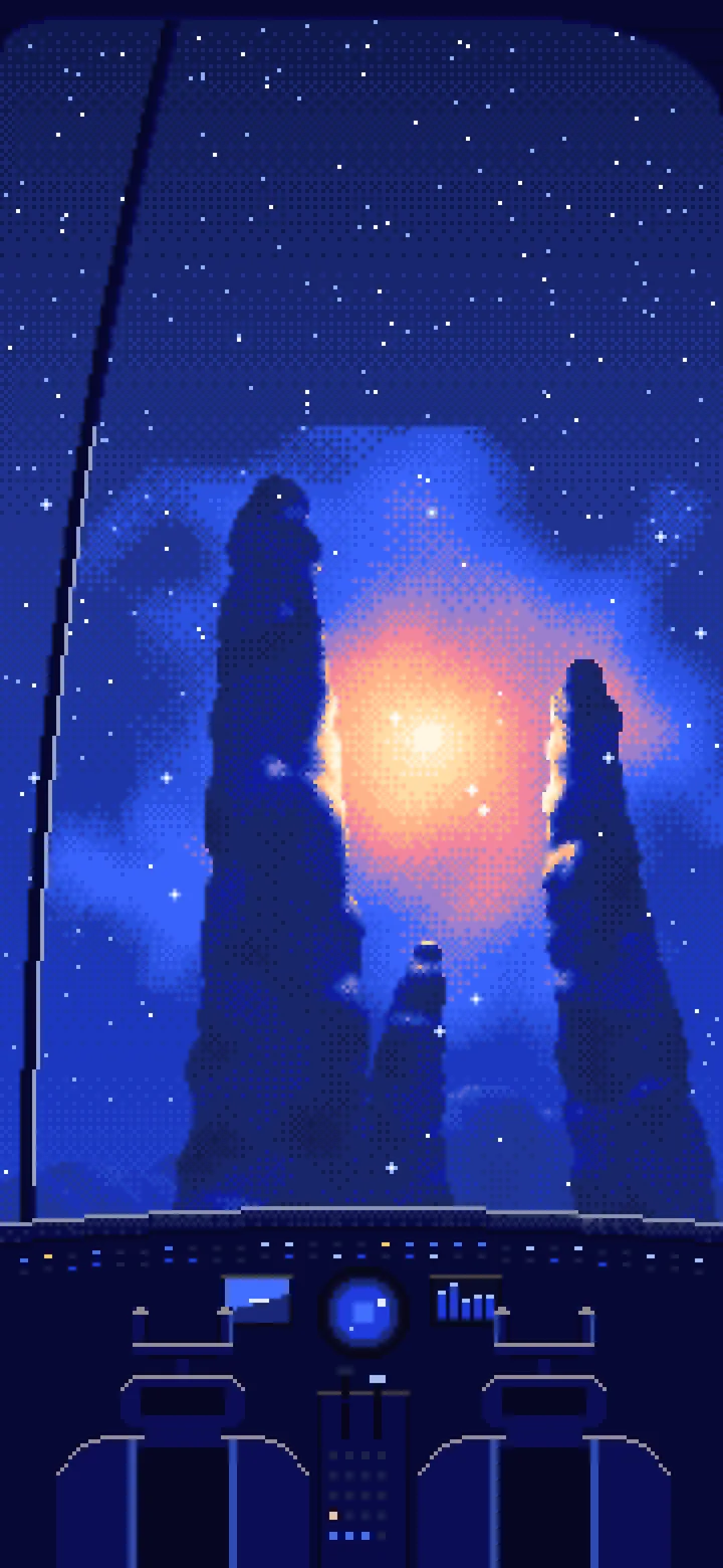Royal Blue Pixel Art Spaceship Cockpit Flying Toward a Nebula wallpaper for iPhone and Android