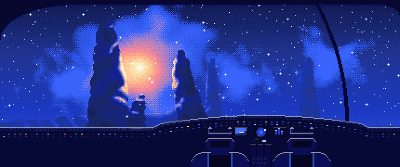 Royal Blue Pixel Art Spaceship Cockpit Flying Toward a Nebula ultrawide wallpaper, 3440 × 1440