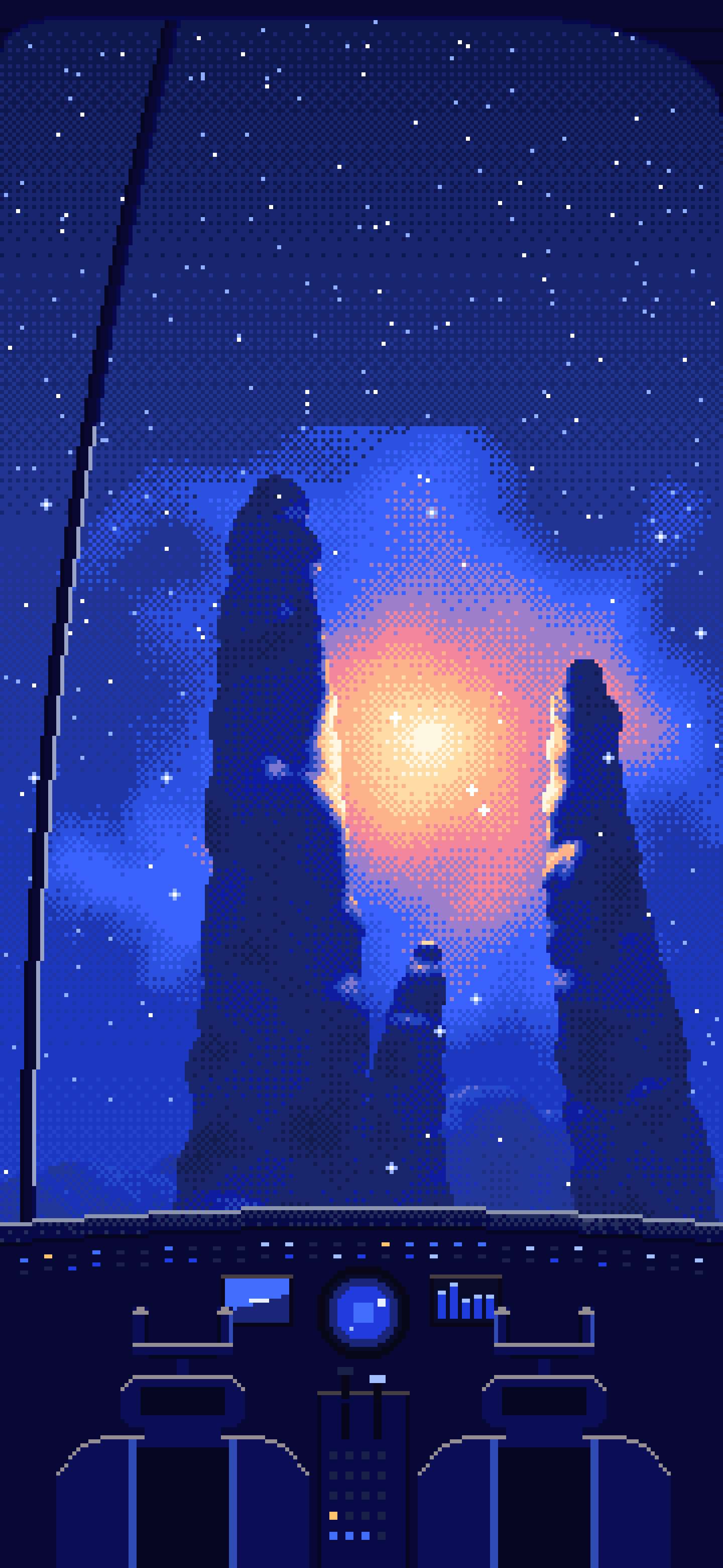 Royal Blue Pixel Art Spaceship Cockpit Flying Toward a Nebula wallpaper for iPhone and Android