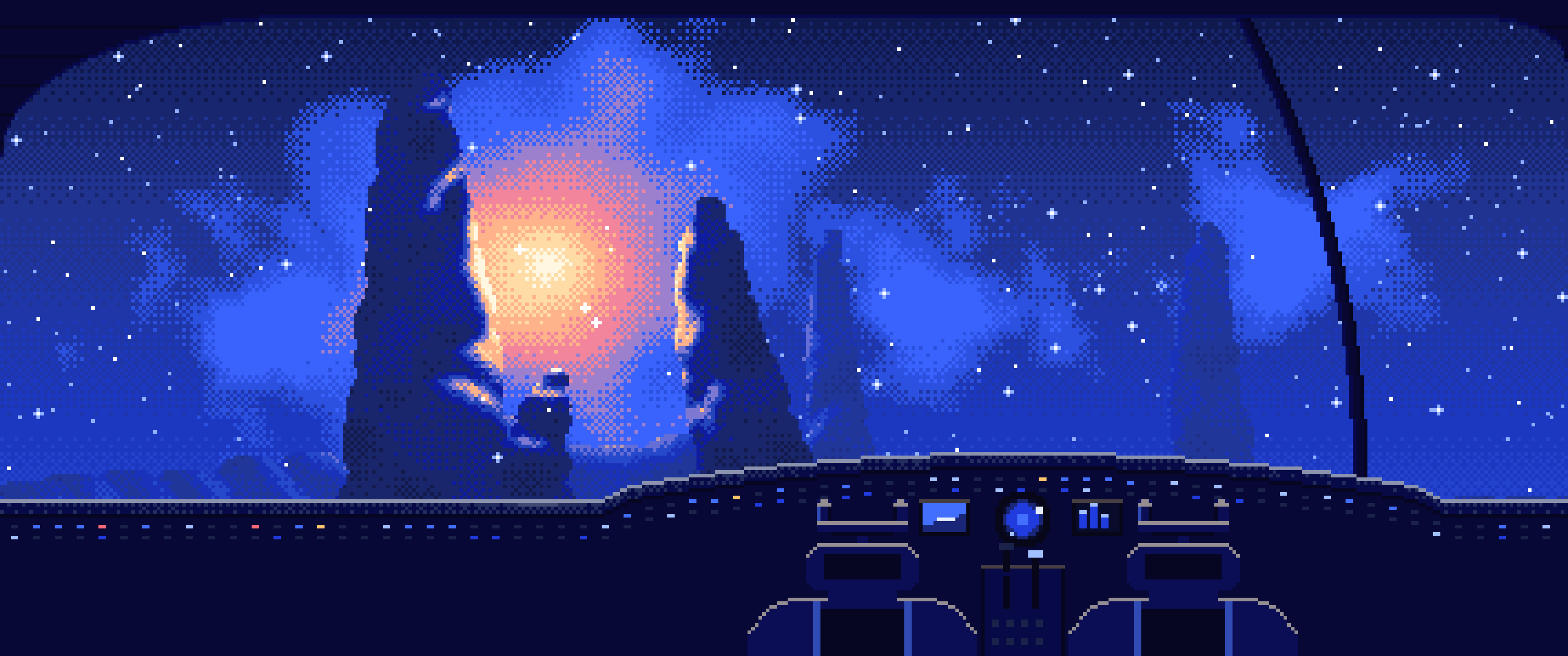 Royal Blue Pixel Art Spaceship Cockpit Flying Toward a Nebula ultrawide wallpaper, 3440 × 1440
