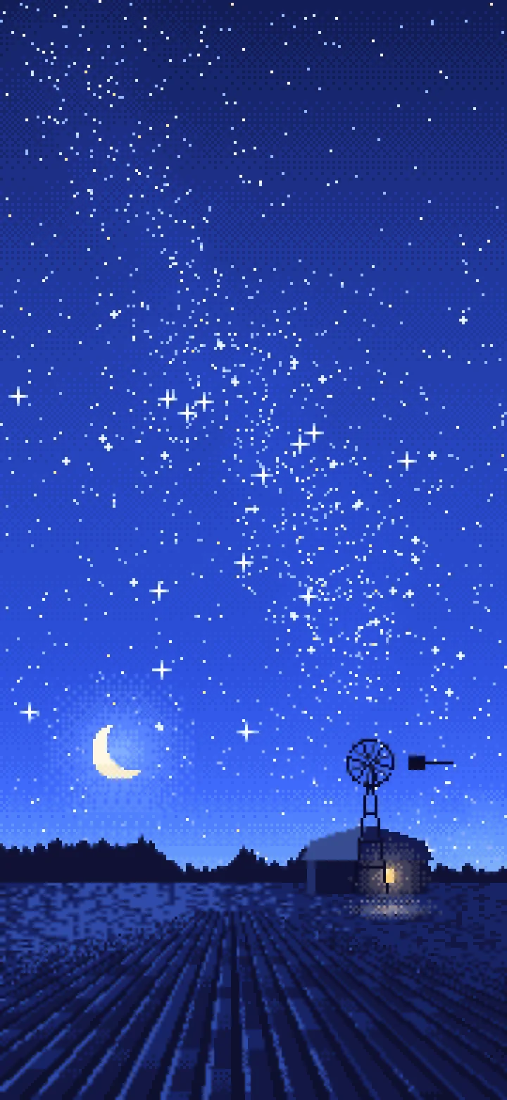 Royal Blue Pixel Art Starry Night Sky Over a Field wallpaper for iPhone and Android
