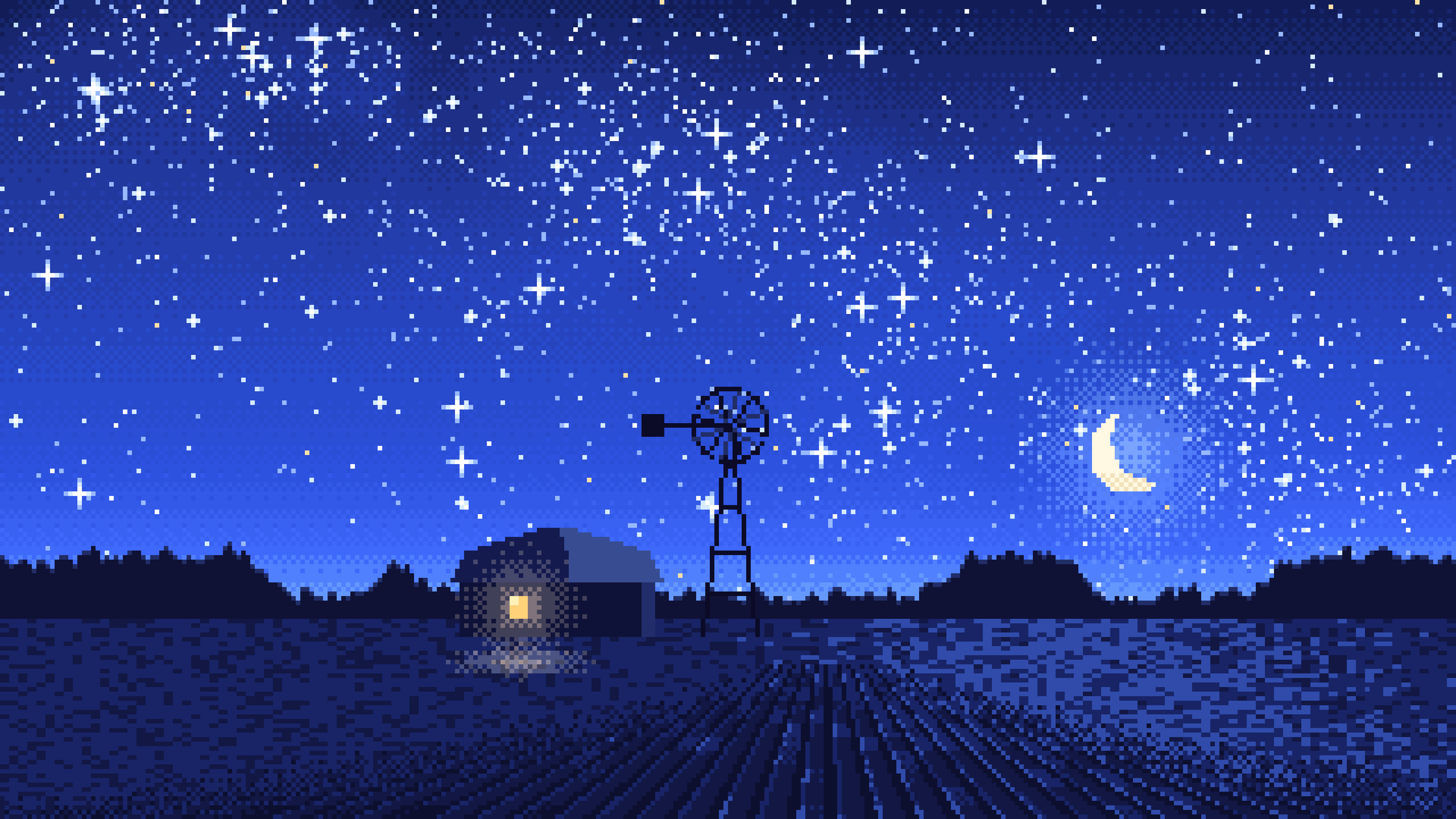 Royal Blue Pixel Art Starry Night Sky Over a Field desktop wallpaper in 4K
