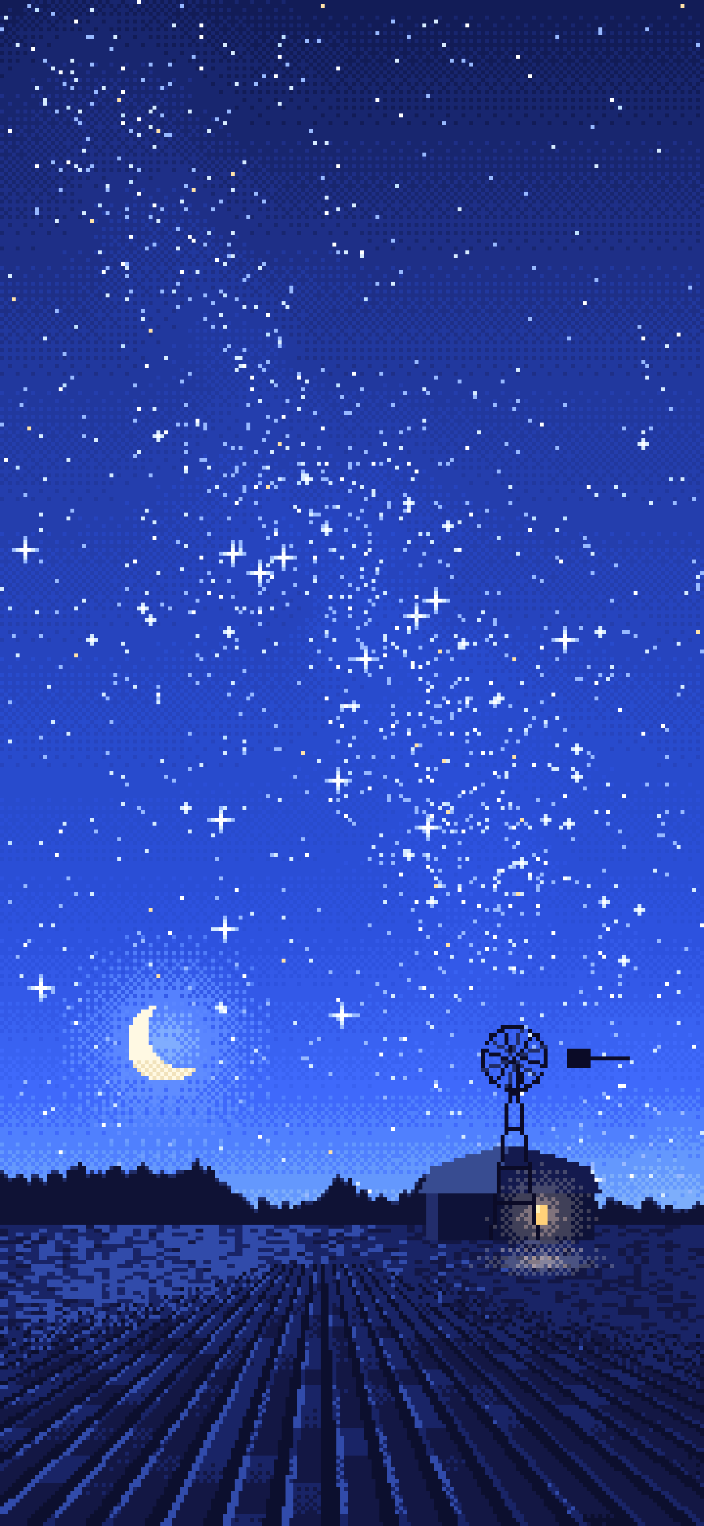 Royal Blue Pixel Art Starry Night Sky Over a Field wallpaper for iPhone and Android