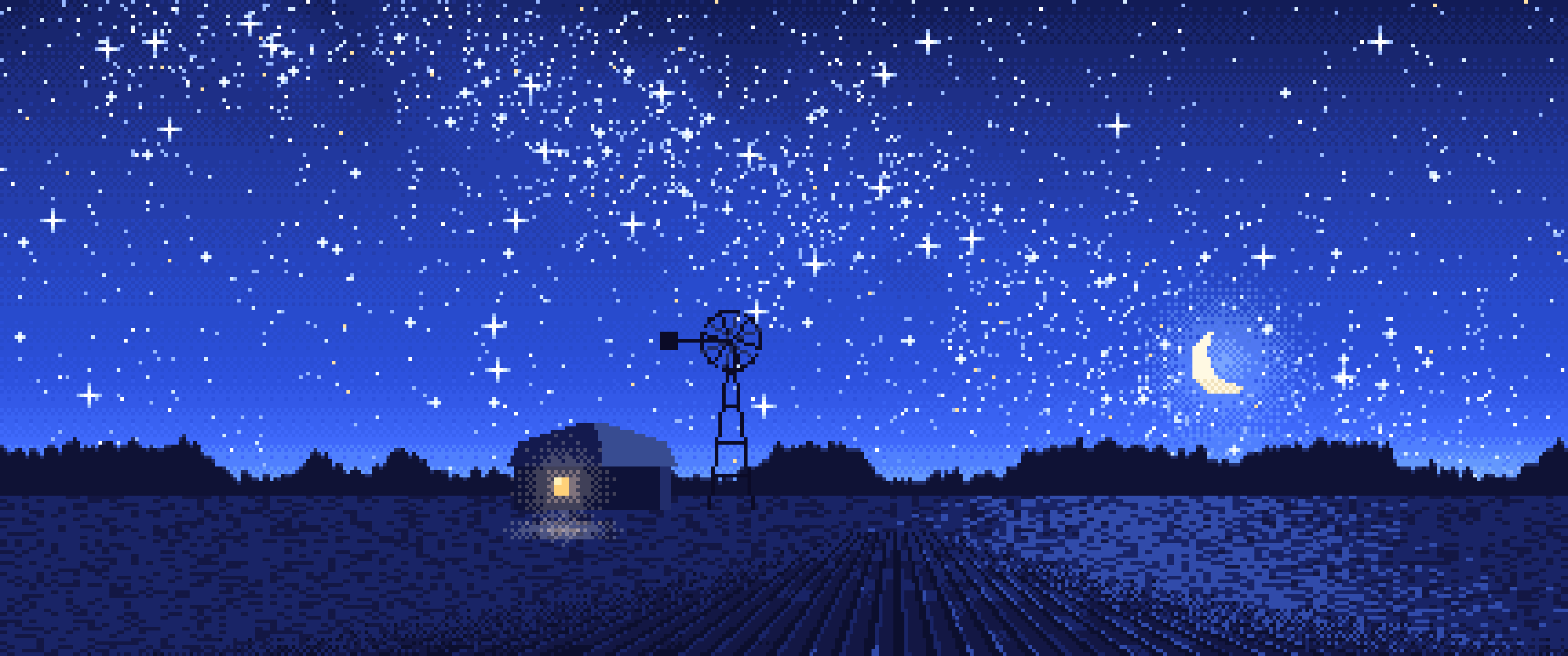 Royal Blue Pixel Art Starry Night Sky Over a Field ultrawide wallpaper, 3440 × 1440
