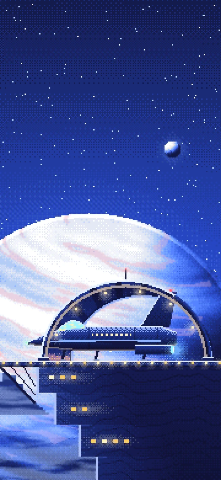 Royal Blue Pixel Art Starship Hangar at Planet Rise wallpaper for iPhone and Android