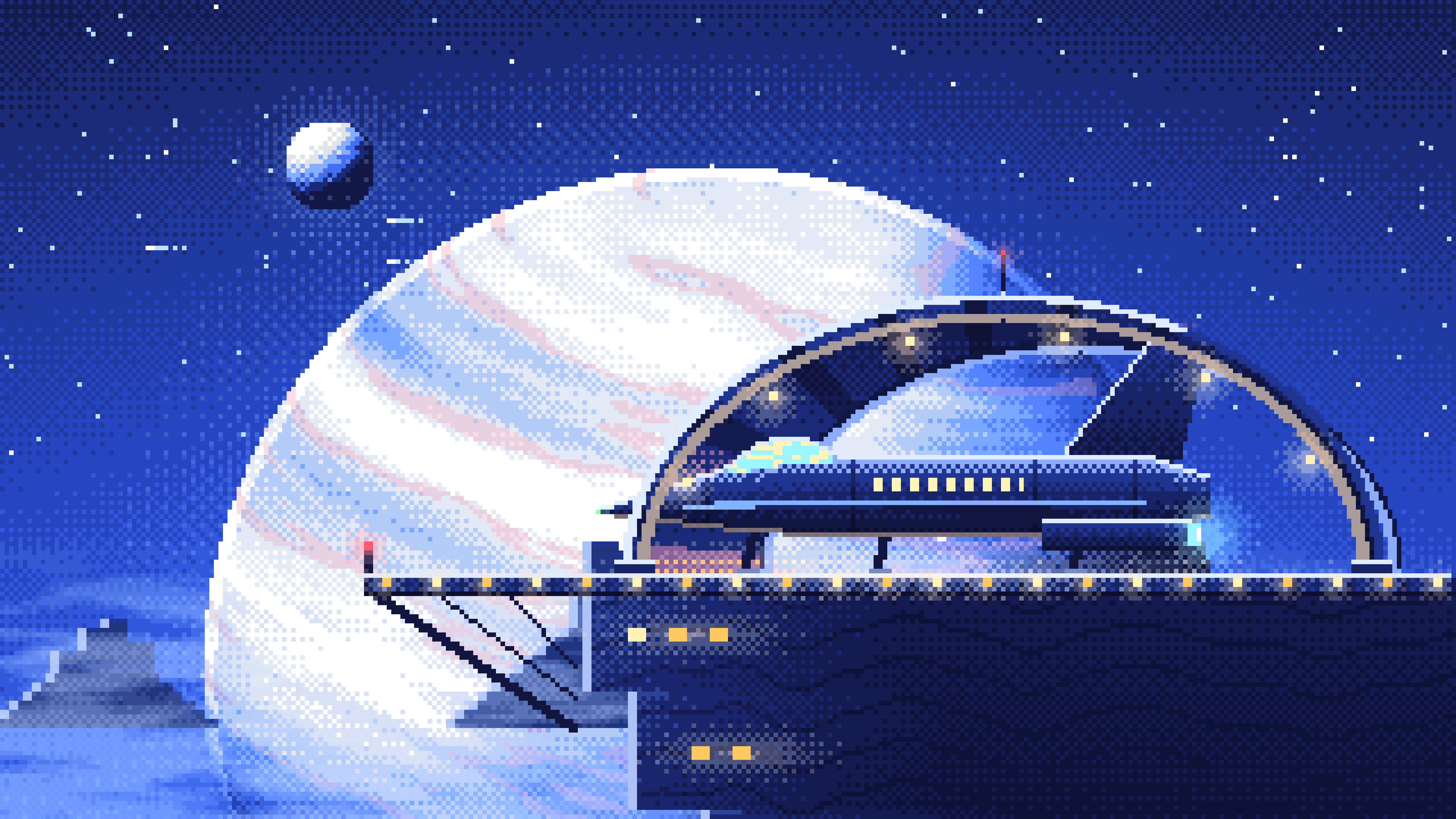 Royal Blue Pixel Art Starship Hangar at Planet Rise desktop wallpaper in 4K