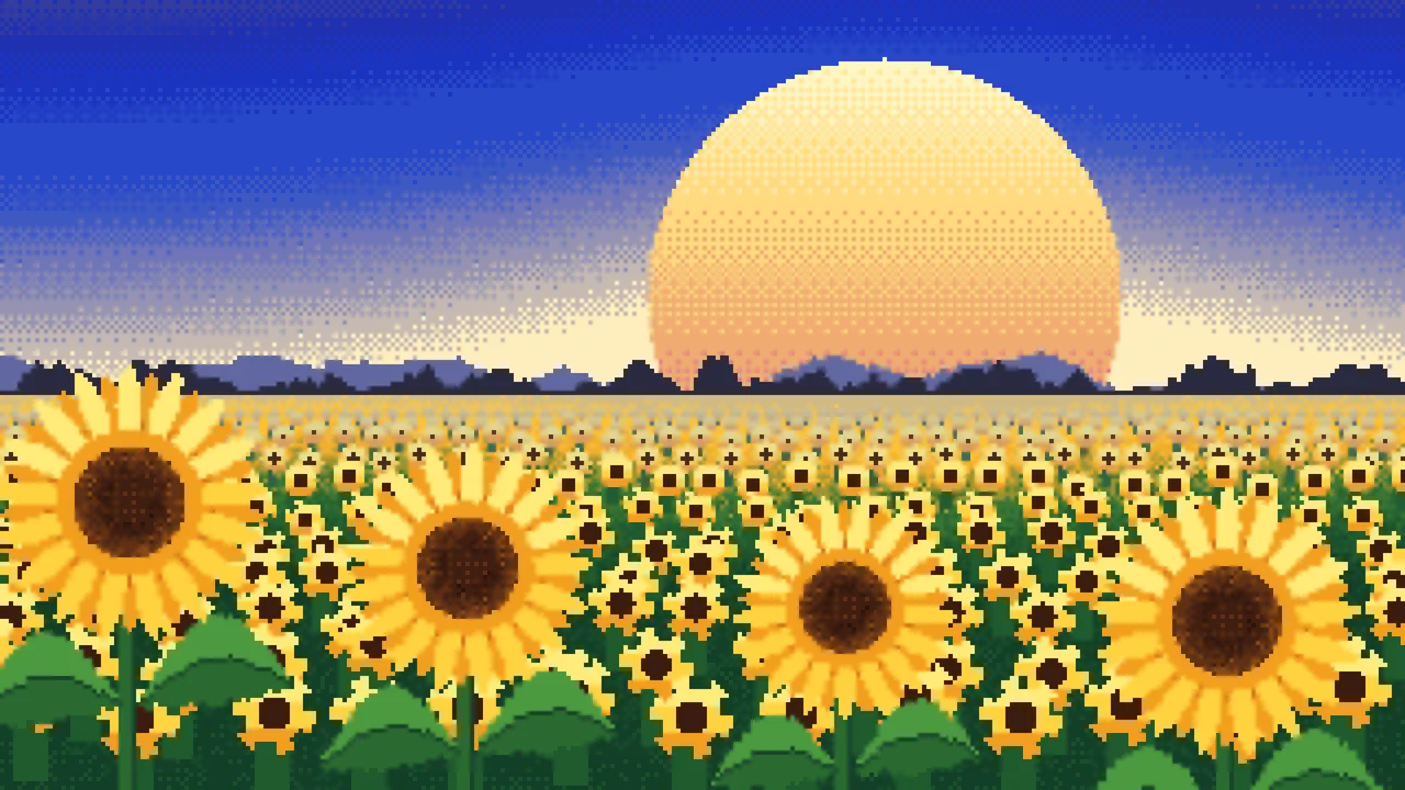 Royal Blue Pixel Art Sunflower Field desktop wallpaper in 4K