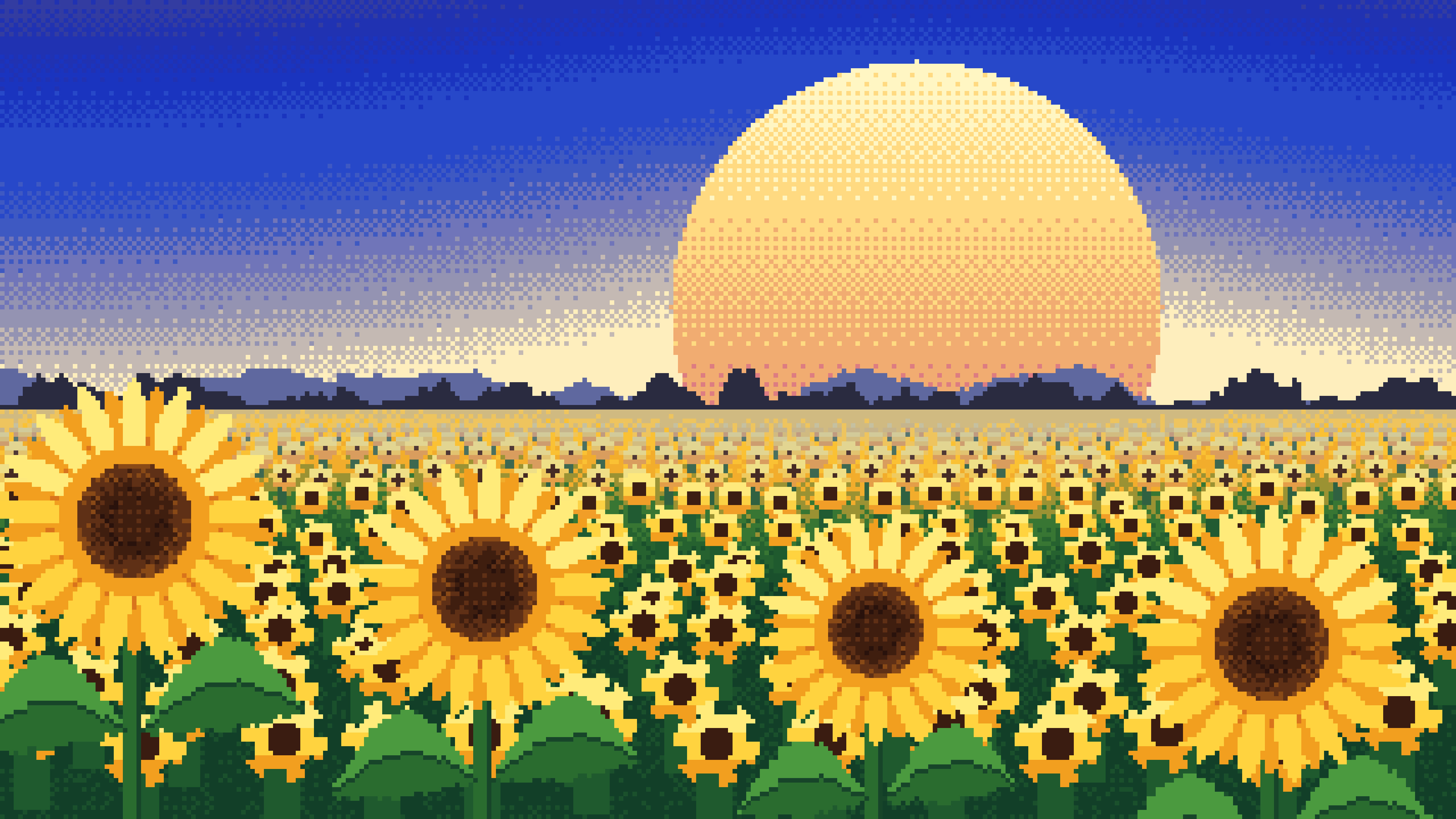 Royal Blue Pixel Art Sunflower Field desktop wallpaper in 4K