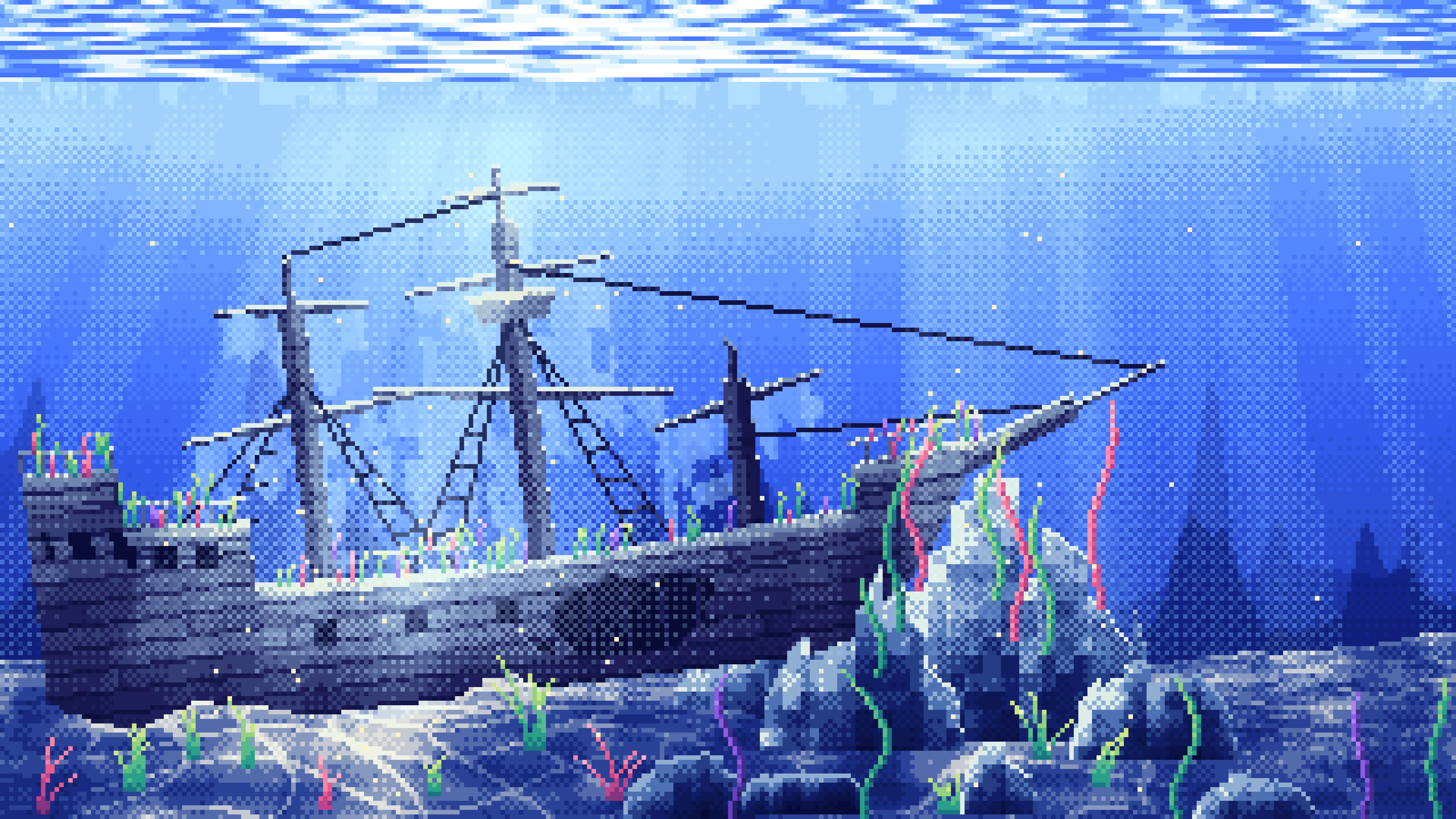 Royal Blue Pixel Art Sunken Ship Underwater desktop wallpaper in 4K