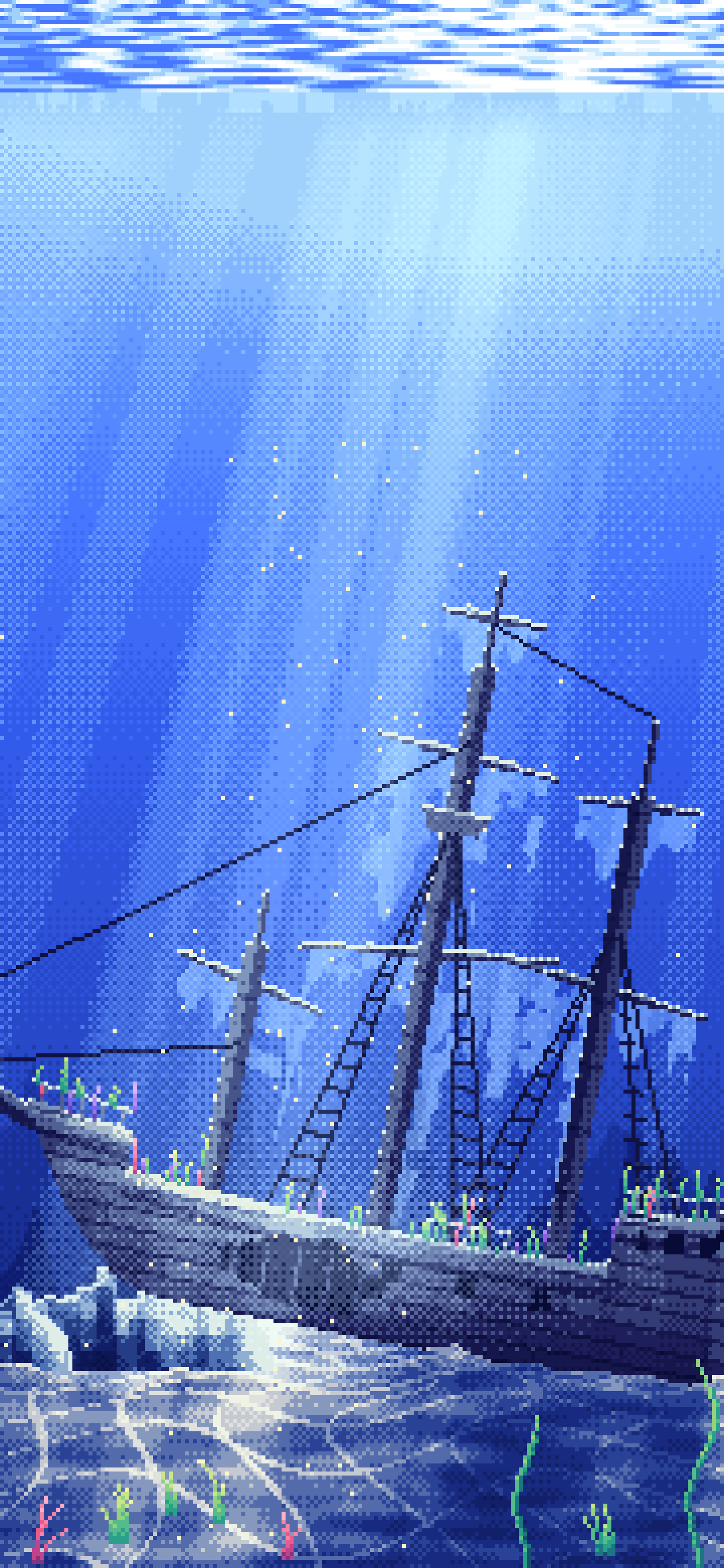 Royal Blue Pixel Art Sunken Ship Underwater wallpaper for iPhone and Android