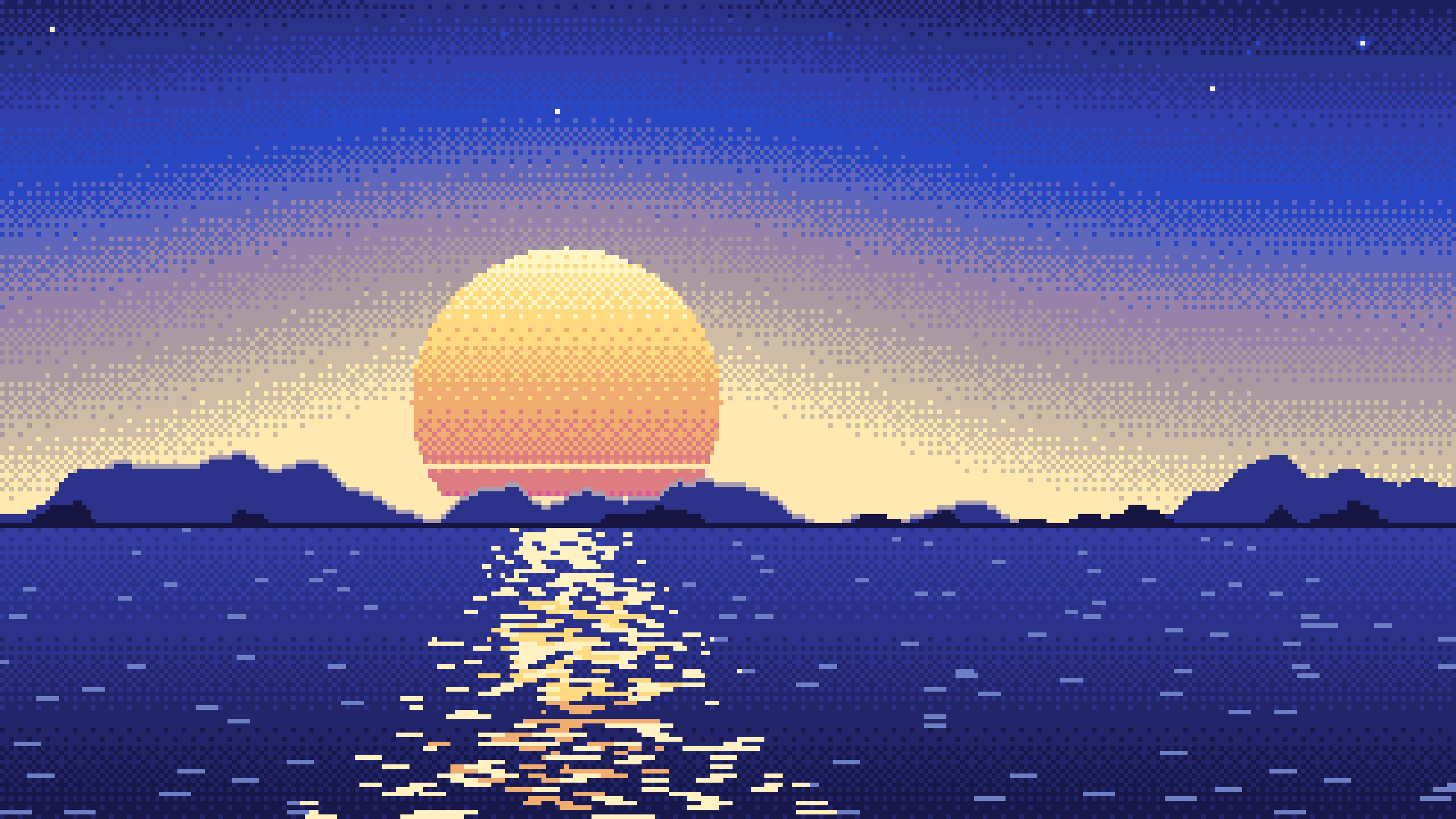 Royal Blue Pixel Art Sunset desktop wallpaper in 4K