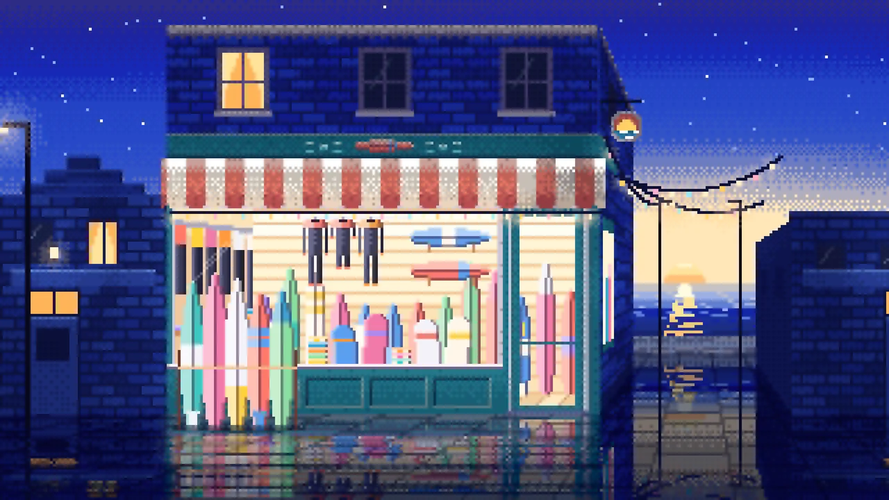 Royal Blue Pixel Art Surf Shop desktop wallpaper in 4K