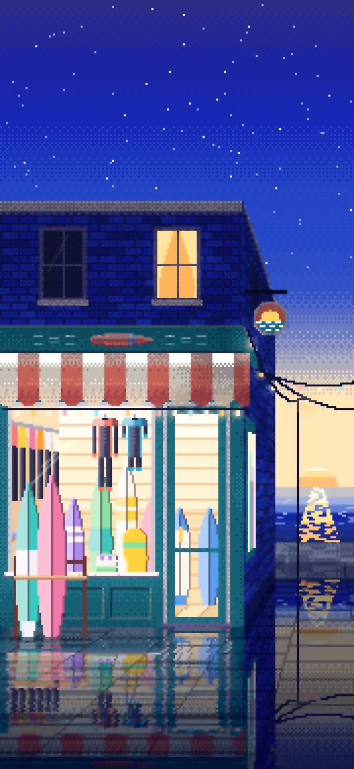 Royal Blue Pixel Art Surf Shop wallpaper for iPhone and Android