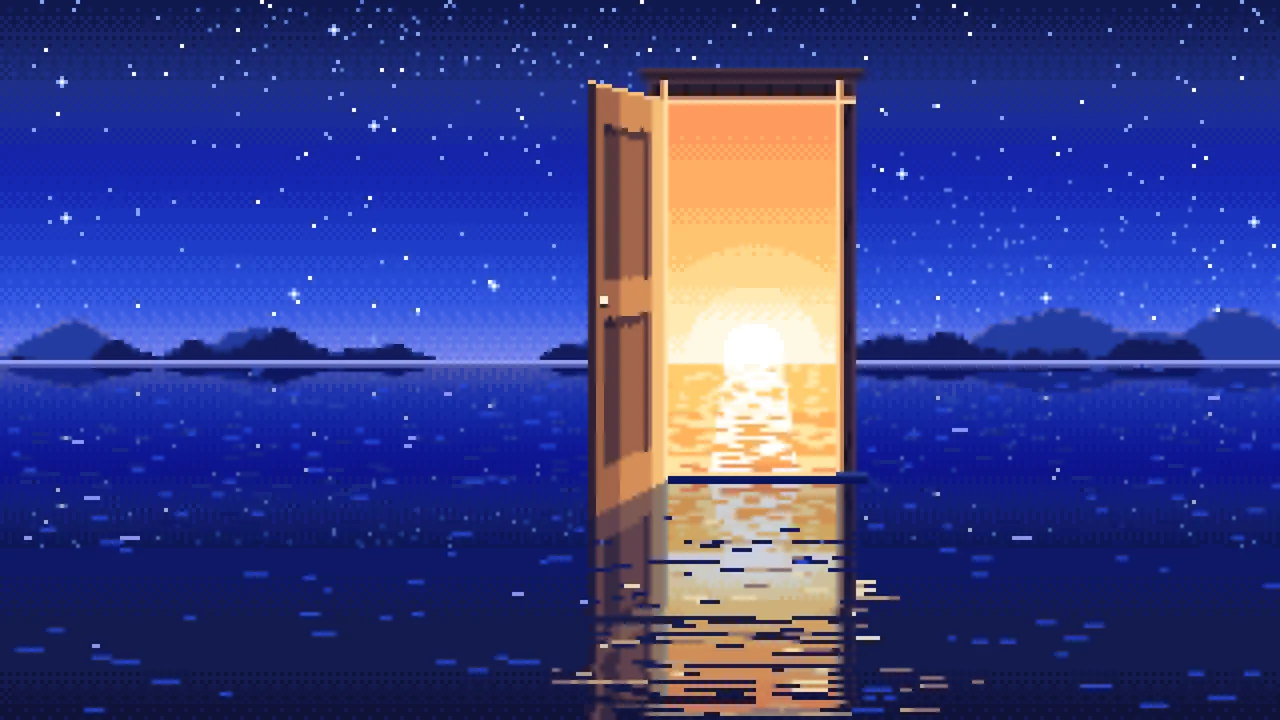 Royal Blue Pixel Art Surreal Door on a Lake at Night desktop wallpaper in 4K