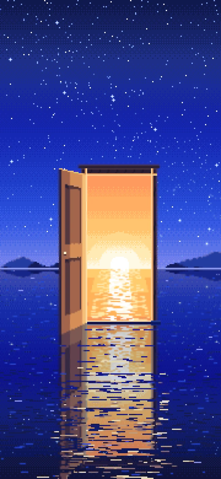 Royal Blue Pixel Art Surreal Door on a Lake at Night wallpaper for iPhone and Android