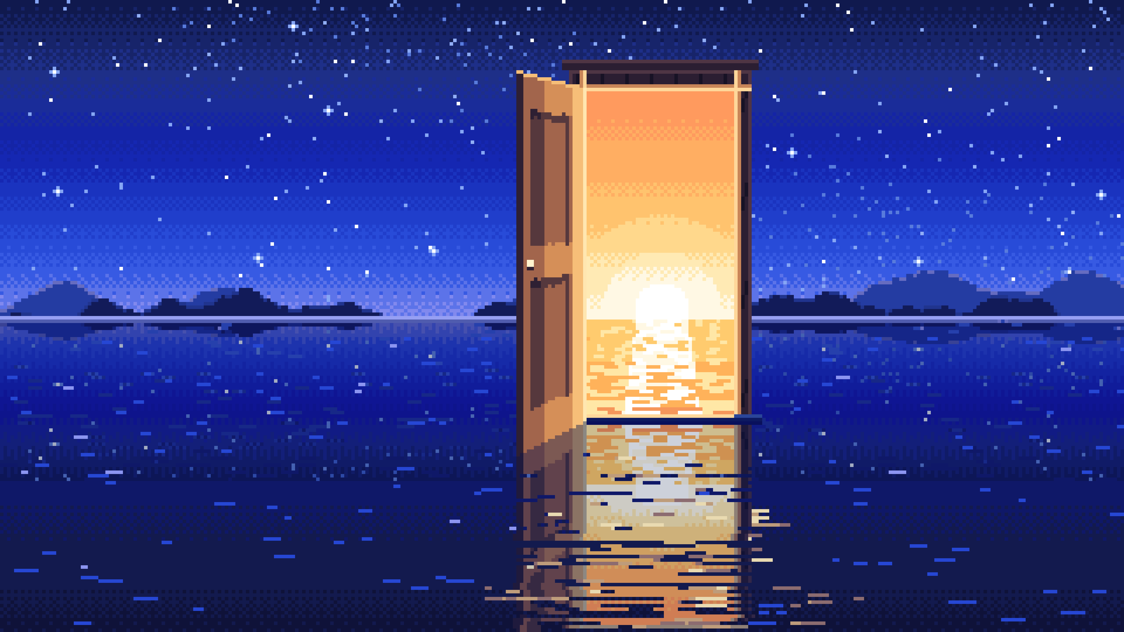 Royal Blue Pixel Art Surreal Door on a Lake at Night desktop wallpaper in 4K