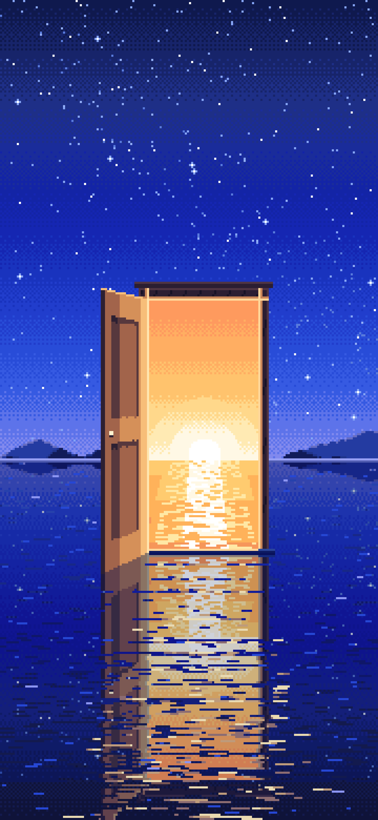 Royal Blue Pixel Art Surreal Door on a Lake at Night wallpaper for iPhone and Android