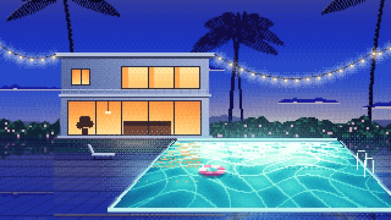 Royal Blue Pixel Art Swimming Pool at Dusk desktop wallpaper in 4K