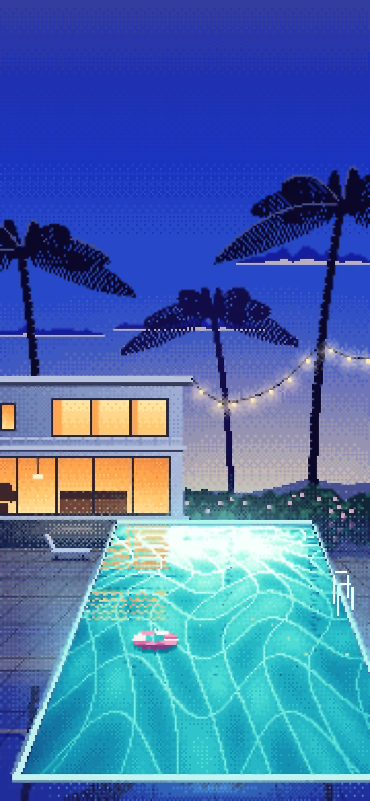 Royal Blue Pixel Art Swimming Pool at Dusk wallpaper for iPhone and Android
