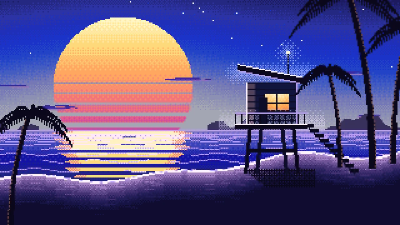 Royal Blue Pixel Art Synthwave Beach desktop wallpaper in 4K