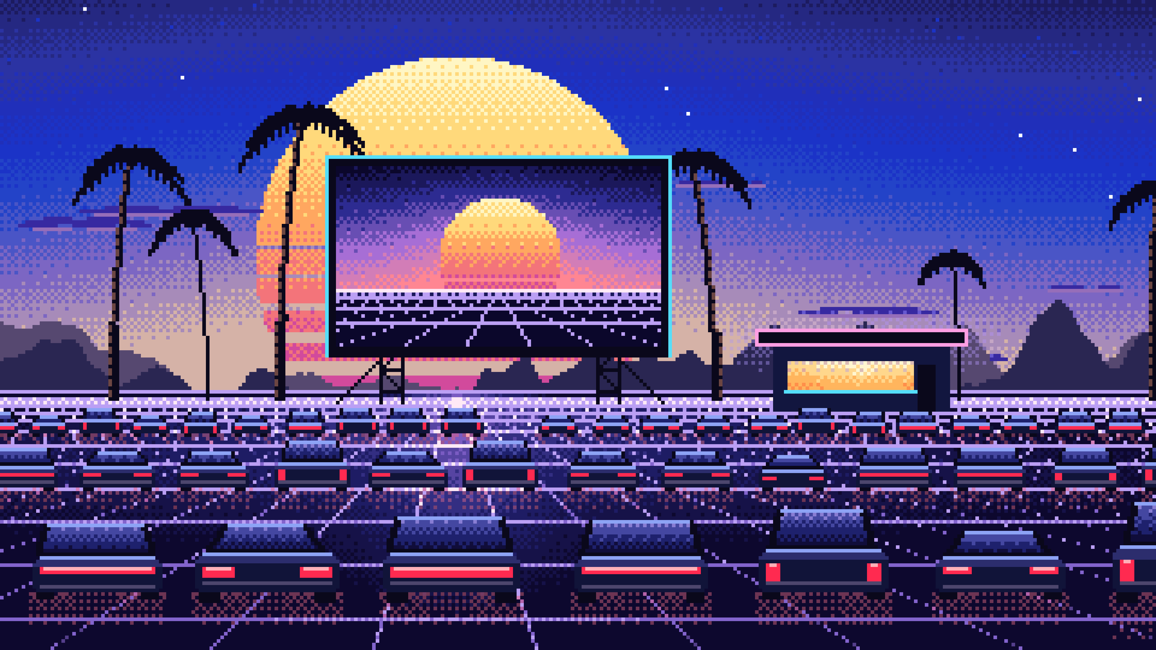 Royal Blue Pixel Art Synthwave Drive-In at Sunset desktop wallpaper in 4K