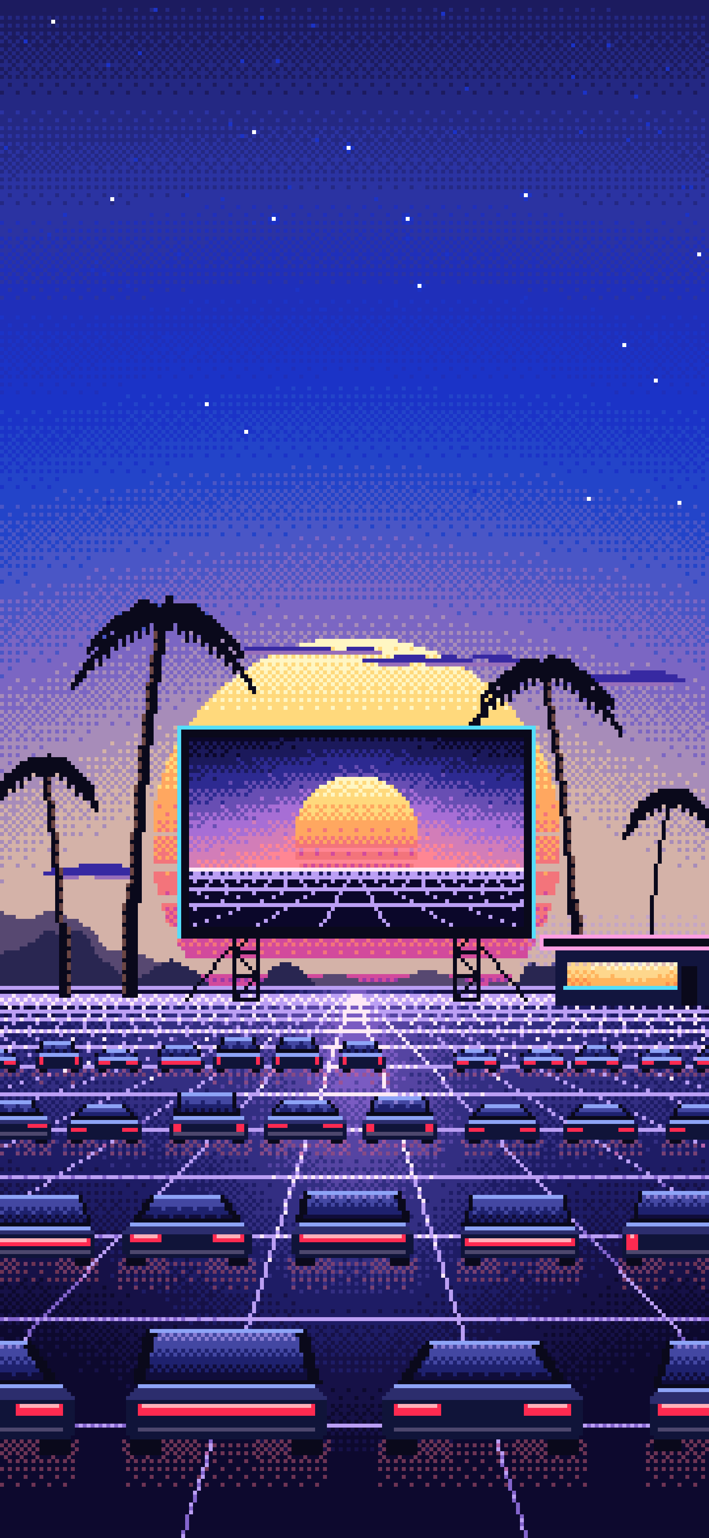 Royal Blue Pixel Art Synthwave Drive-In at Sunset wallpaper for iPhone and Android