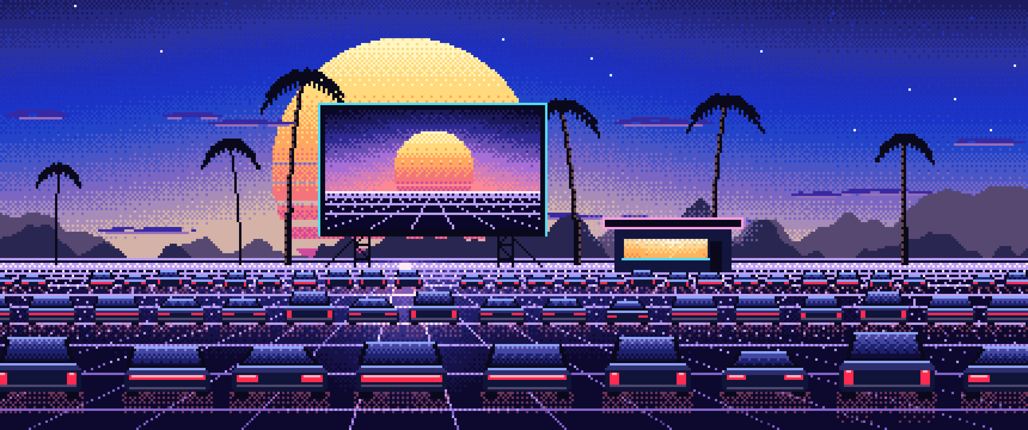 Royal Blue Pixel Art Synthwave Drive-In at Sunset ultrawide wallpaper, 3440 × 1440