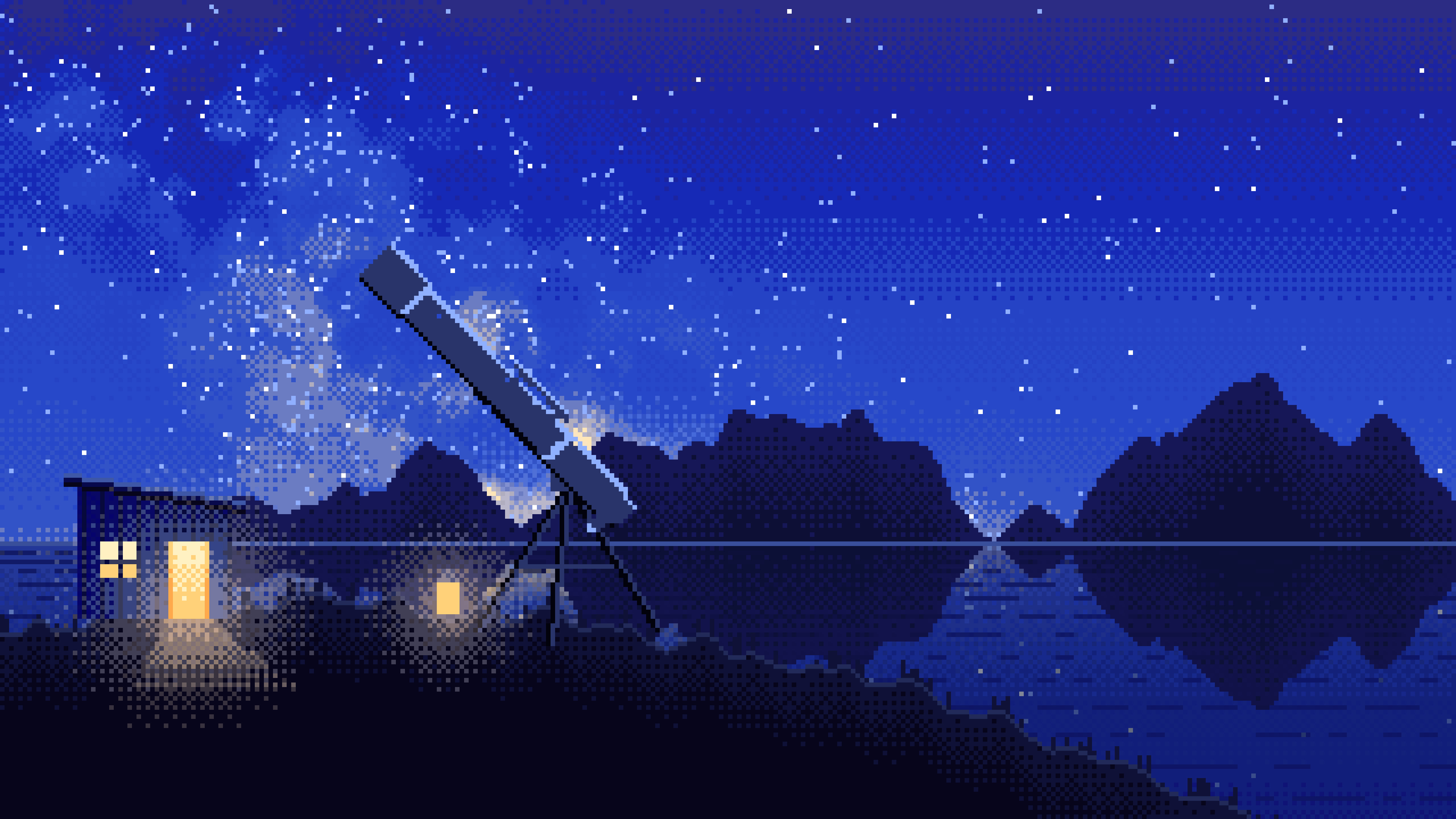 Royal Blue Pixel Art Telescope Under the Milky Way desktop wallpaper in 4K