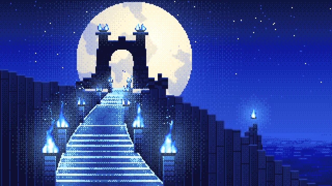 Royal Blue Pixel Art Torch-Lit Stairway at Night desktop wallpaper in 4K