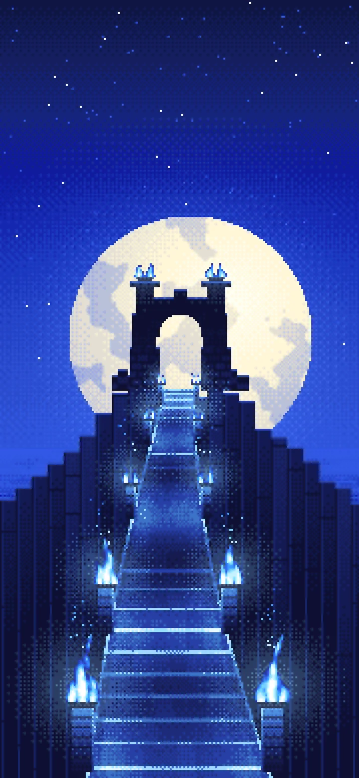 Royal Blue Pixel Art Torch-Lit Stairway at Night wallpaper for iPhone and Android