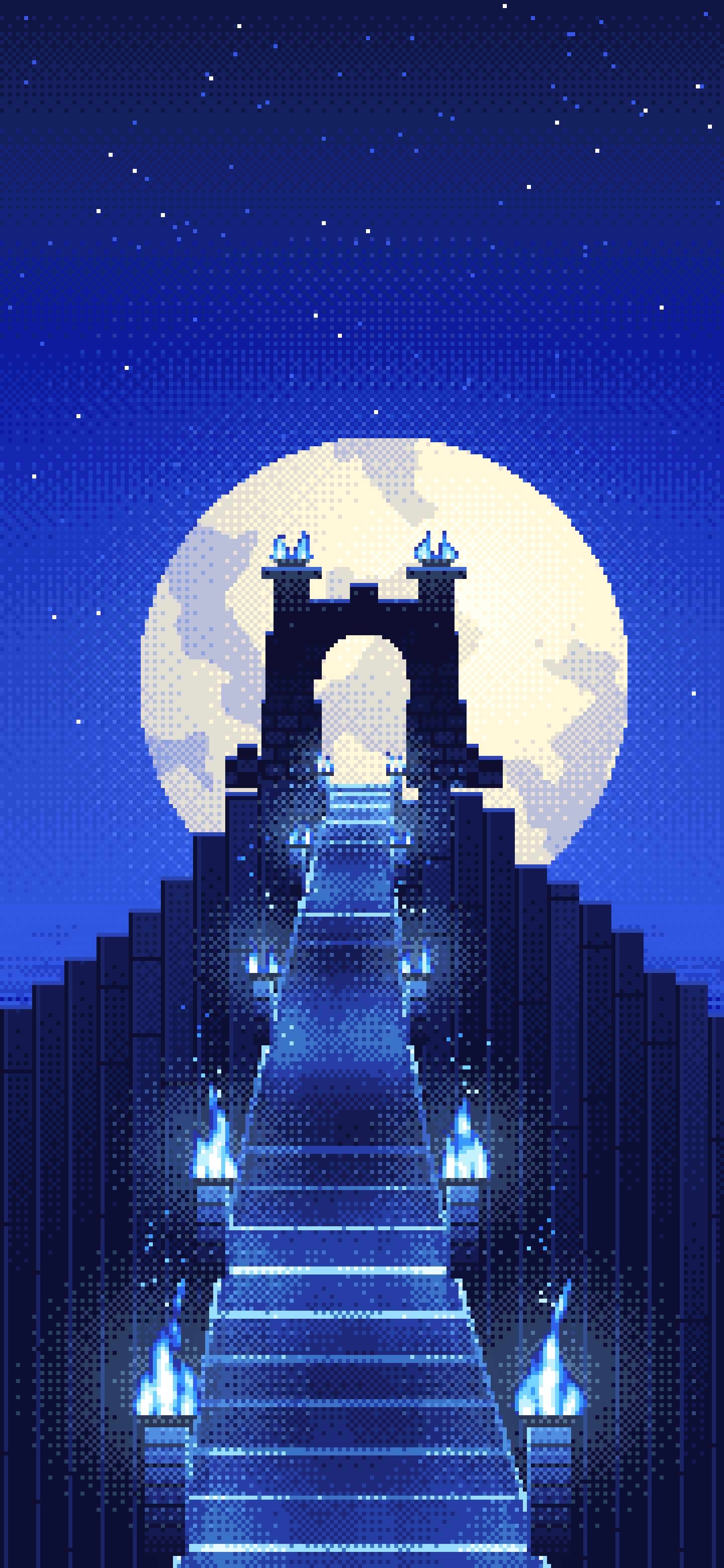 Royal Blue Pixel Art Torch-Lit Stairway at Night wallpaper for iPhone and Android
