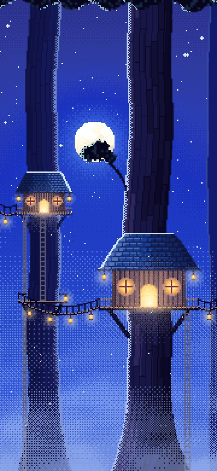 Royal Blue Pixel Art Treehouse in a Fantasy Forest wallpaper for iPhone and Android