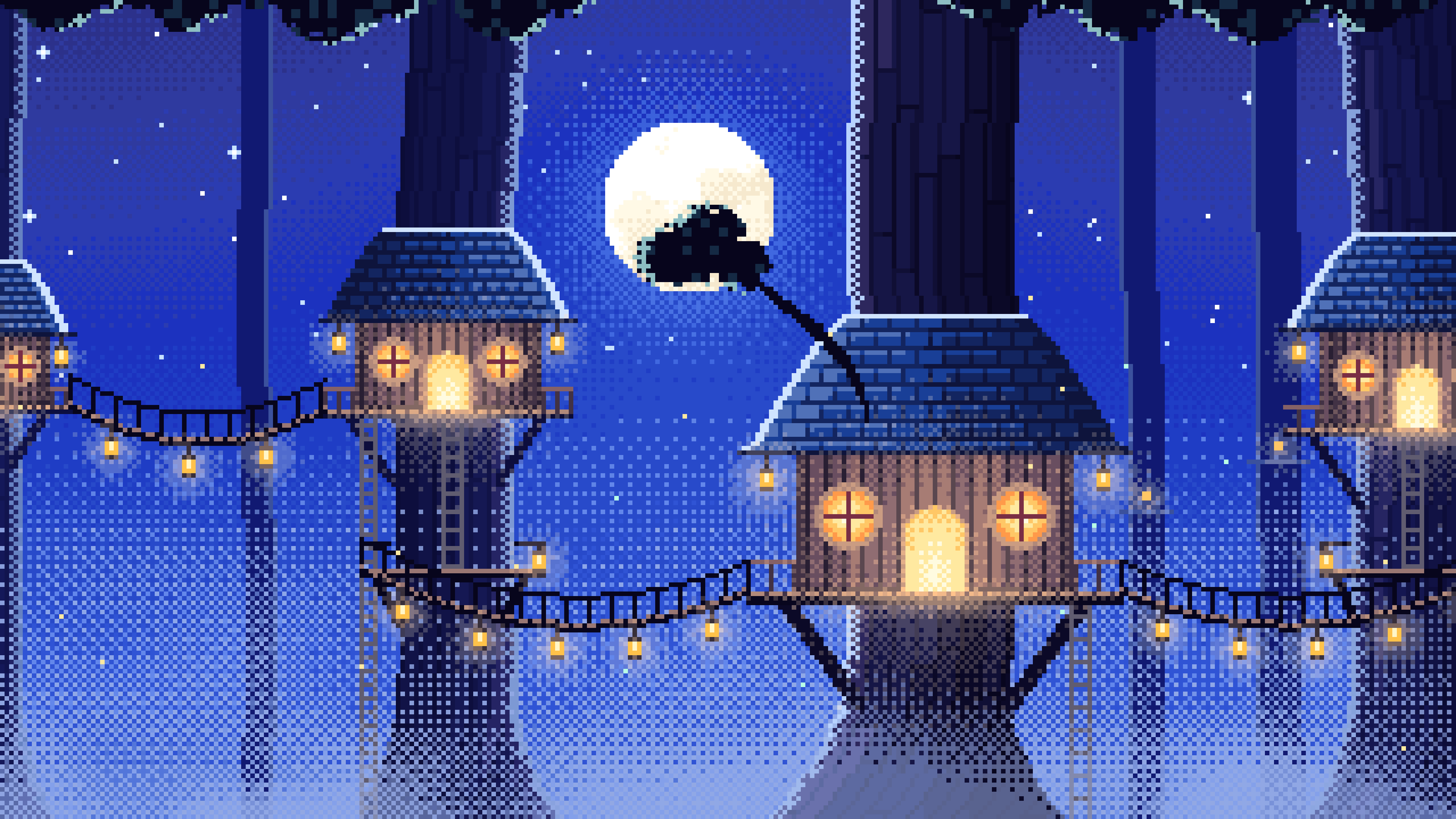 Royal Blue Pixel Art Treehouse in a Fantasy Forest desktop wallpaper in 4K