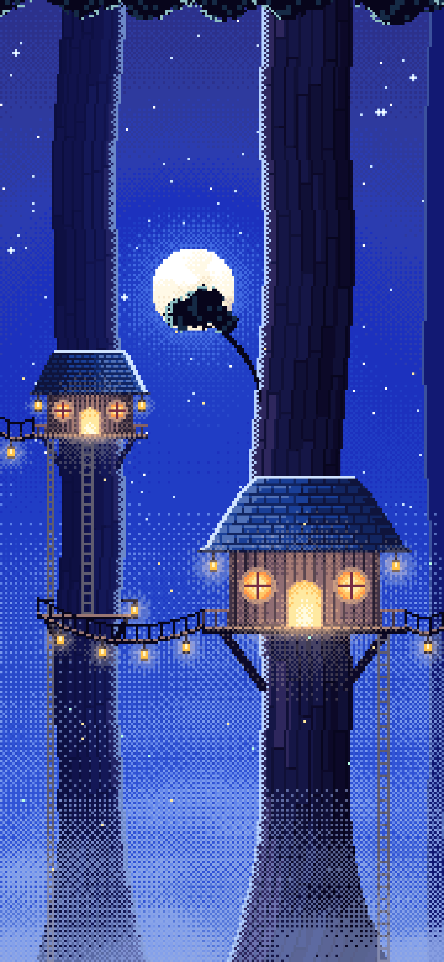 Royal Blue Pixel Art Treehouse in a Fantasy Forest wallpaper for iPhone and Android