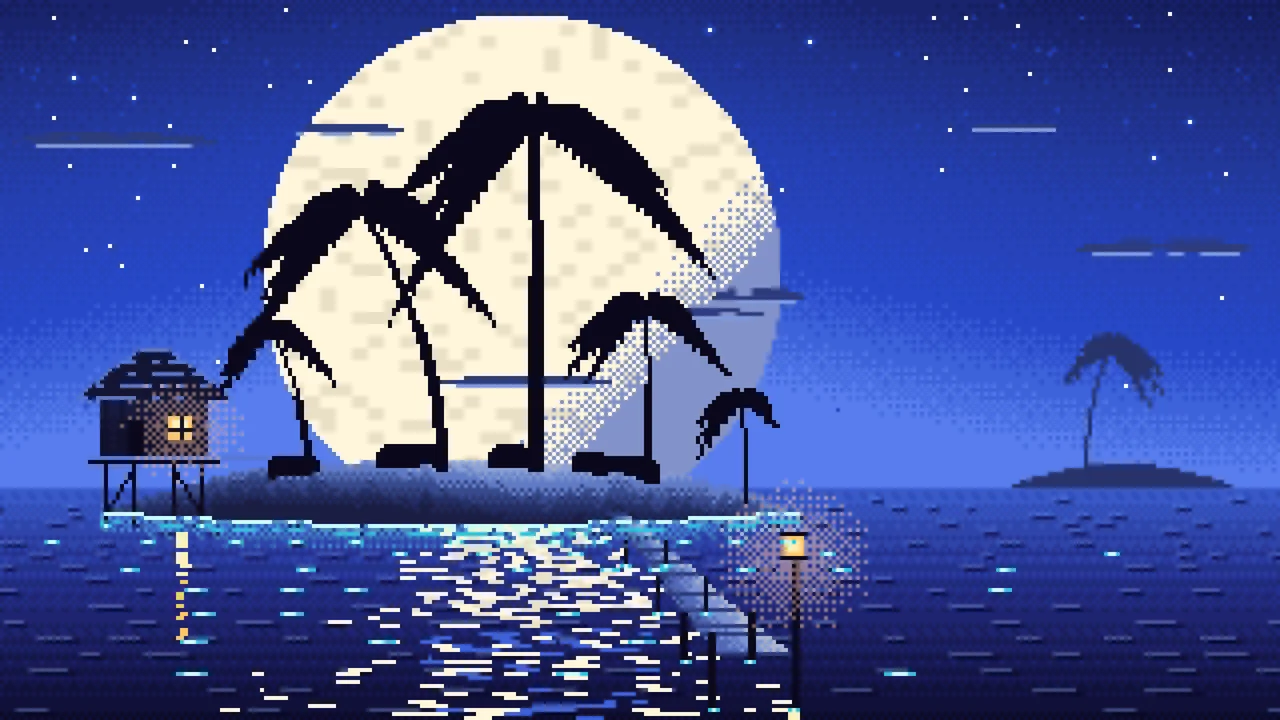 Royal Blue Pixel Art Tropical Island at Night desktop wallpaper in 4K