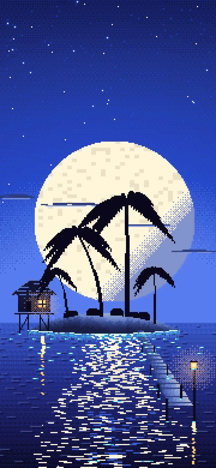 Royal Blue Pixel Art Tropical Island at Night wallpaper for iPhone and Android