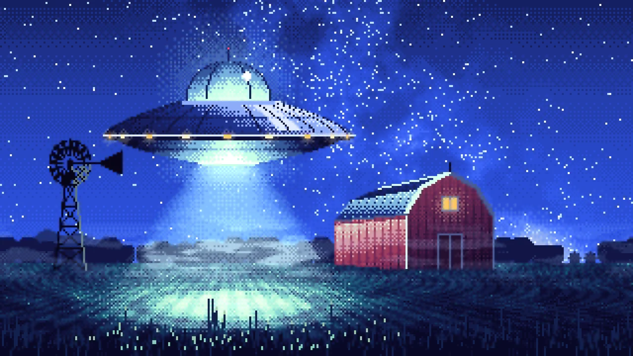 Royal Blue Pixel Art UFO over a Farm at Night desktop wallpaper in 4K