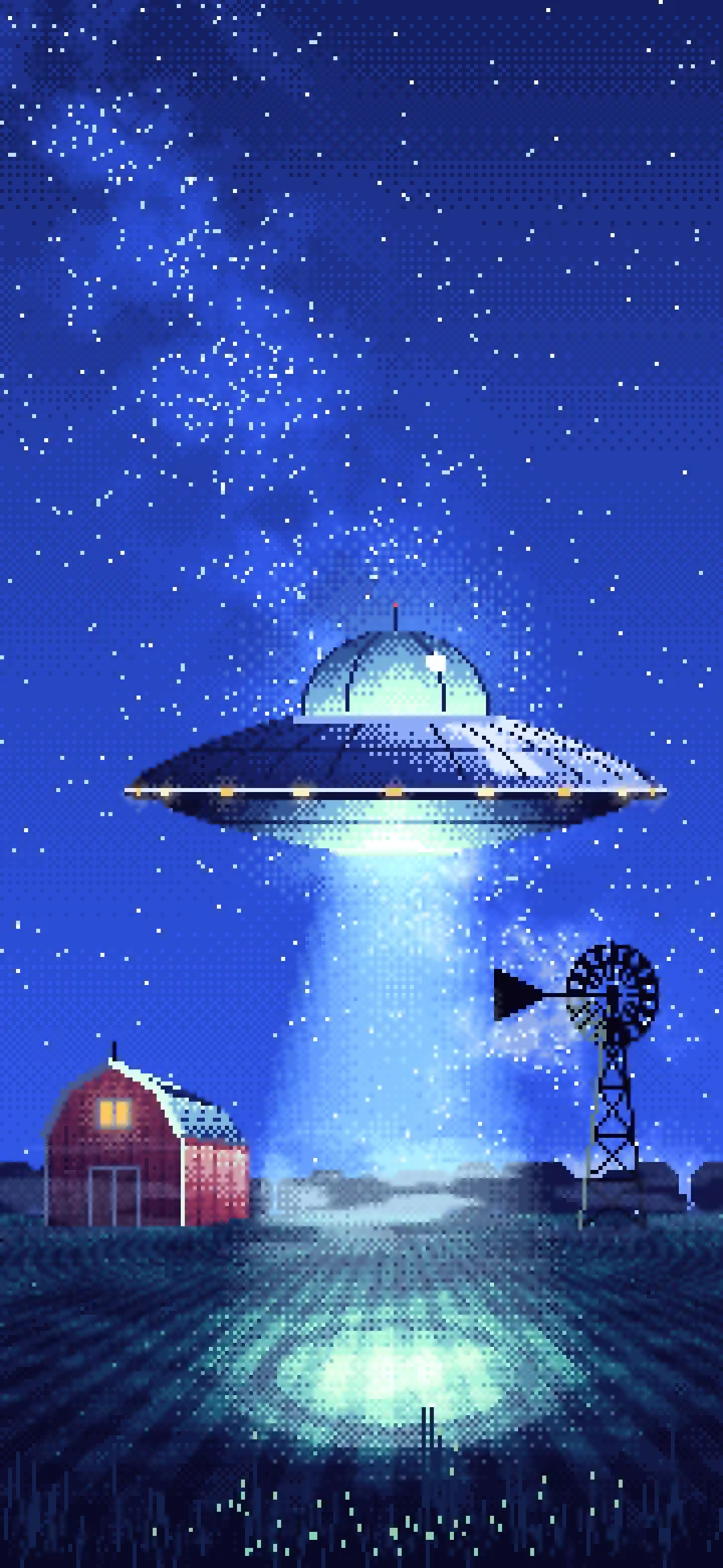 Royal Blue Pixel Art UFO over a Farm at Night wallpaper for iPhone and Android