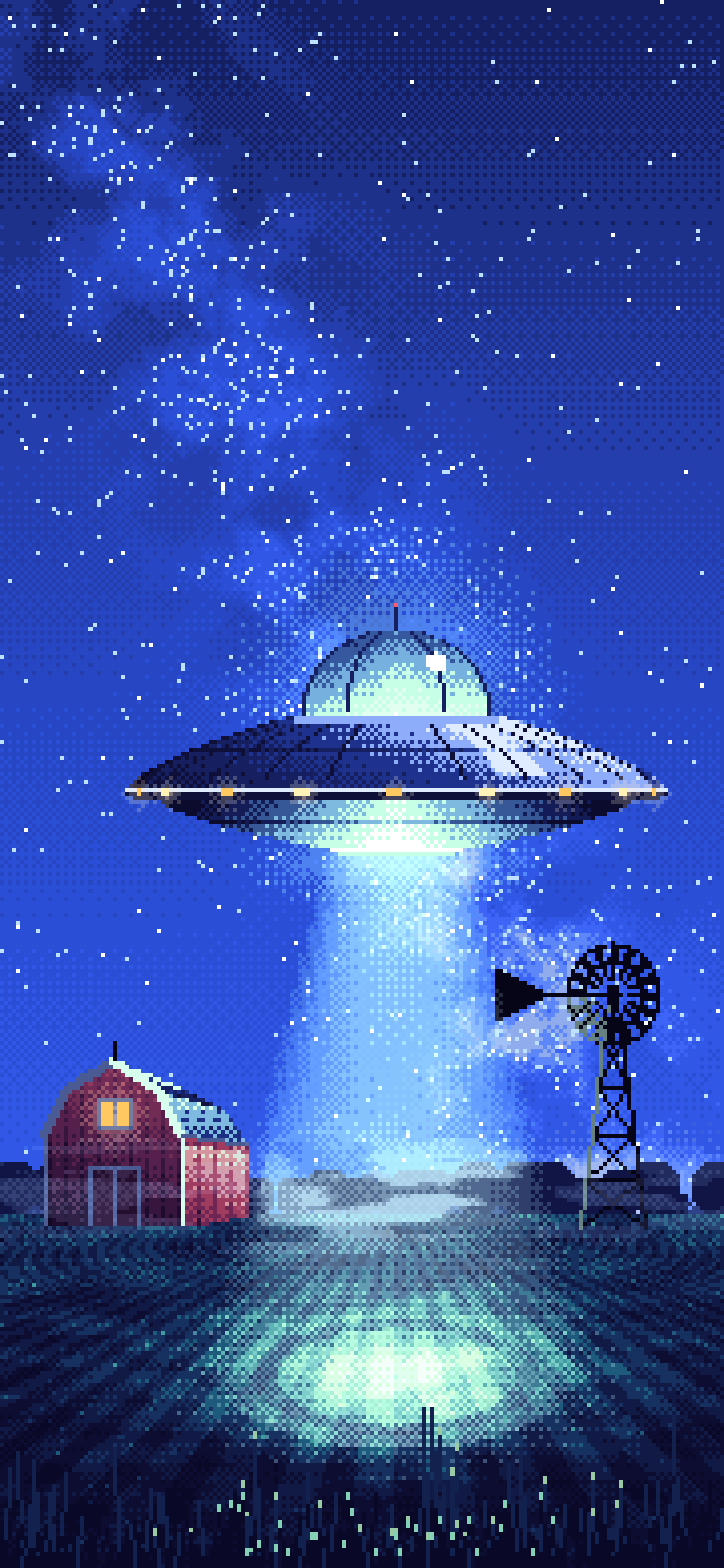 Royal Blue Pixel Art UFO over a Farm at Night wallpaper for iPhone and Android