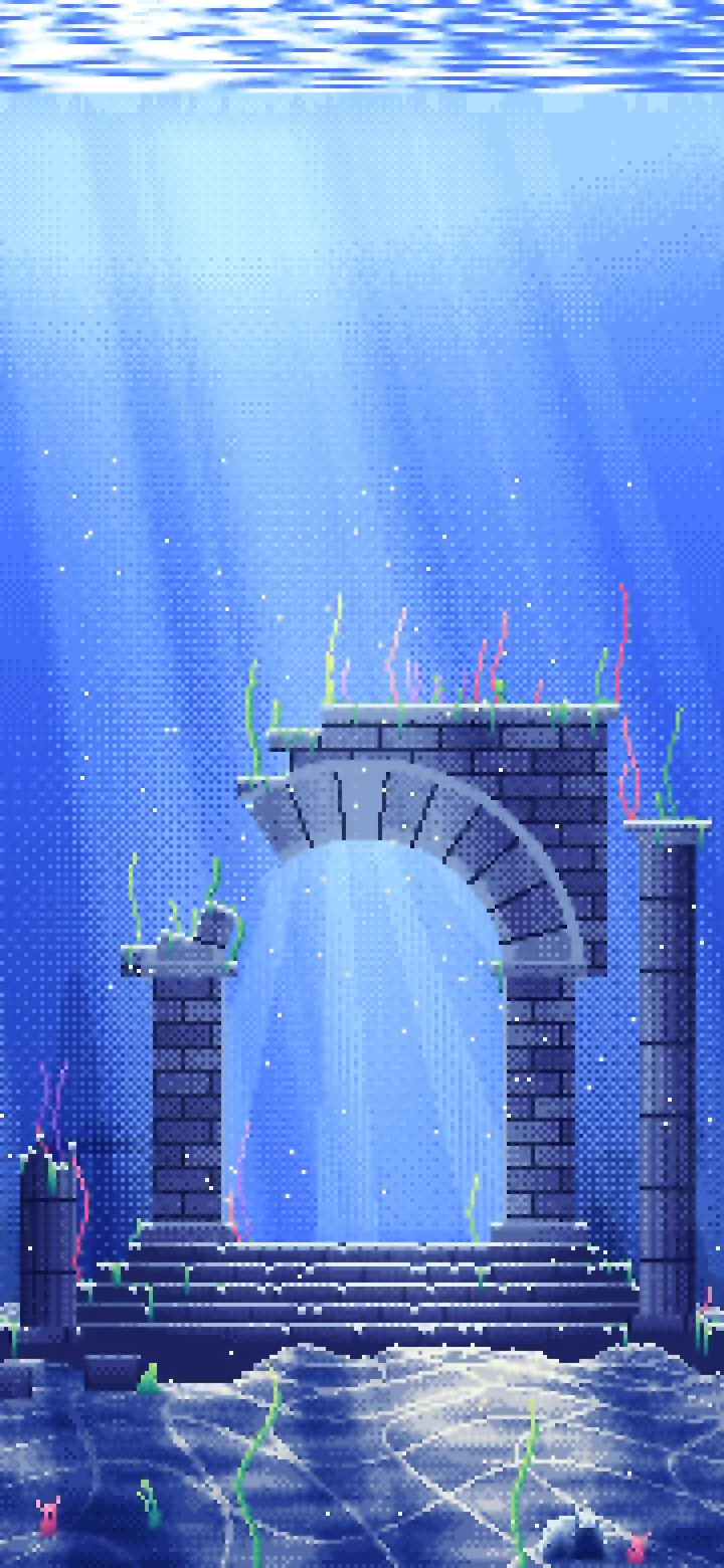 Royal Blue Pixel Art Underwater Ruins wallpaper for iPhone and Android