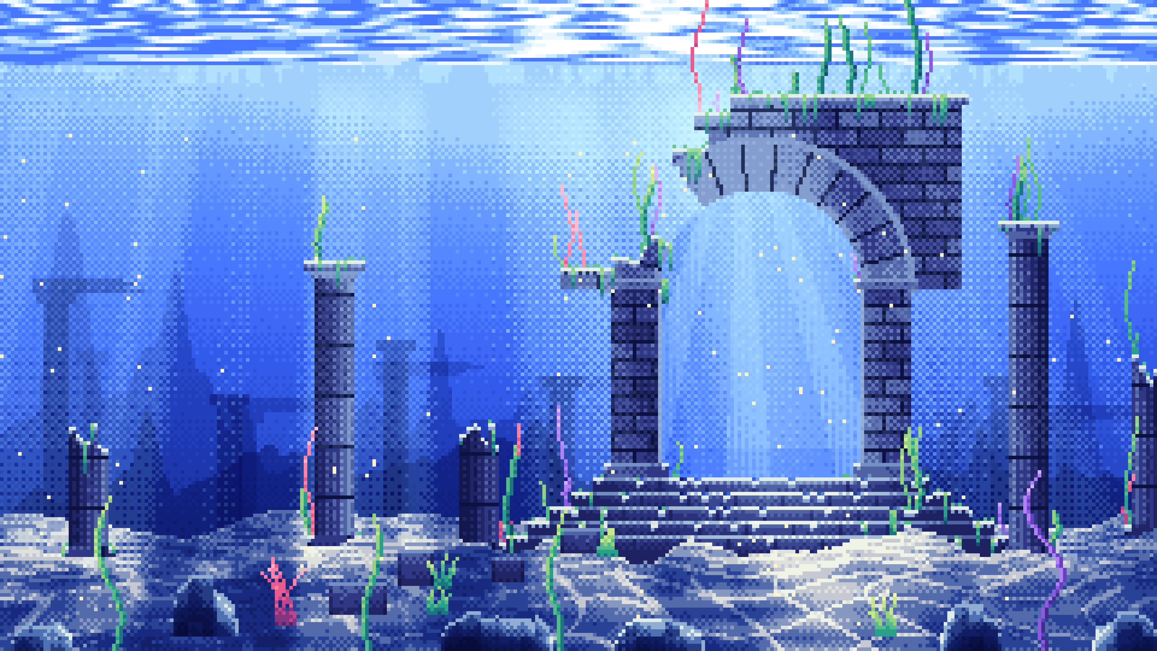 Royal Blue Pixel Art Underwater Ruins desktop wallpaper in 4K