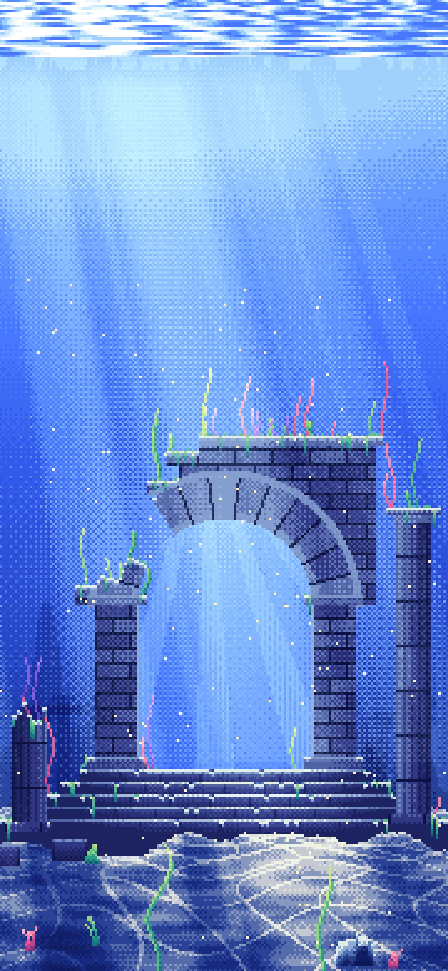 Royal Blue Pixel Art Underwater Ruins wallpaper for iPhone and Android