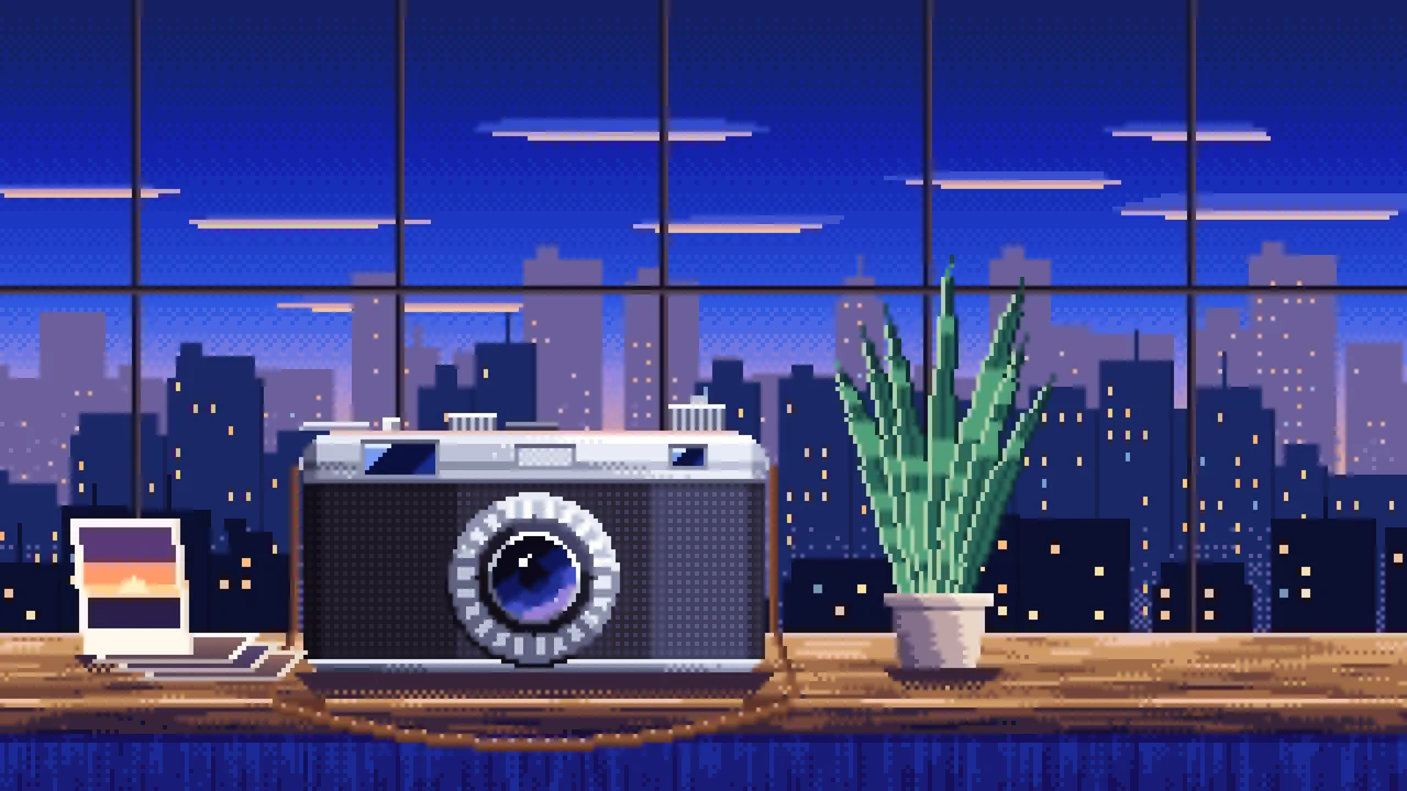 Royal Blue Pixel Art Vintage Camera on a Windowsill at Dusk desktop wallpaper in 4K