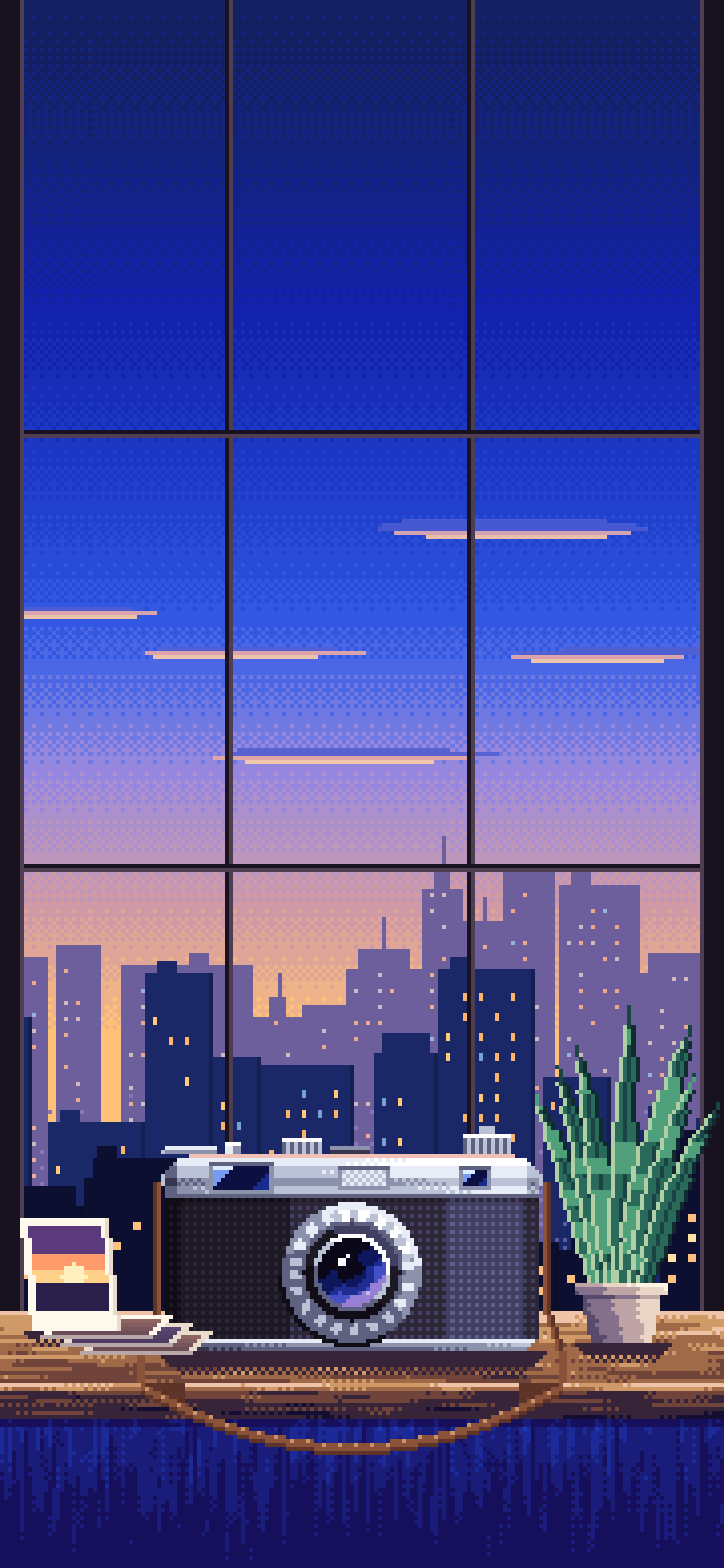 Royal Blue Pixel Art Vintage Camera on a Windowsill at Dusk wallpaper for iPhone and Android