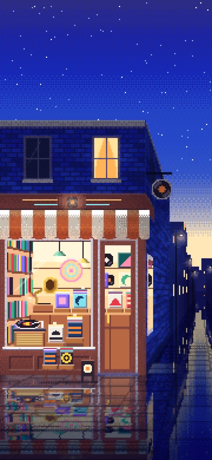 Royal Blue Pixel Art Vinyl Record Store wallpaper for iPhone and Android